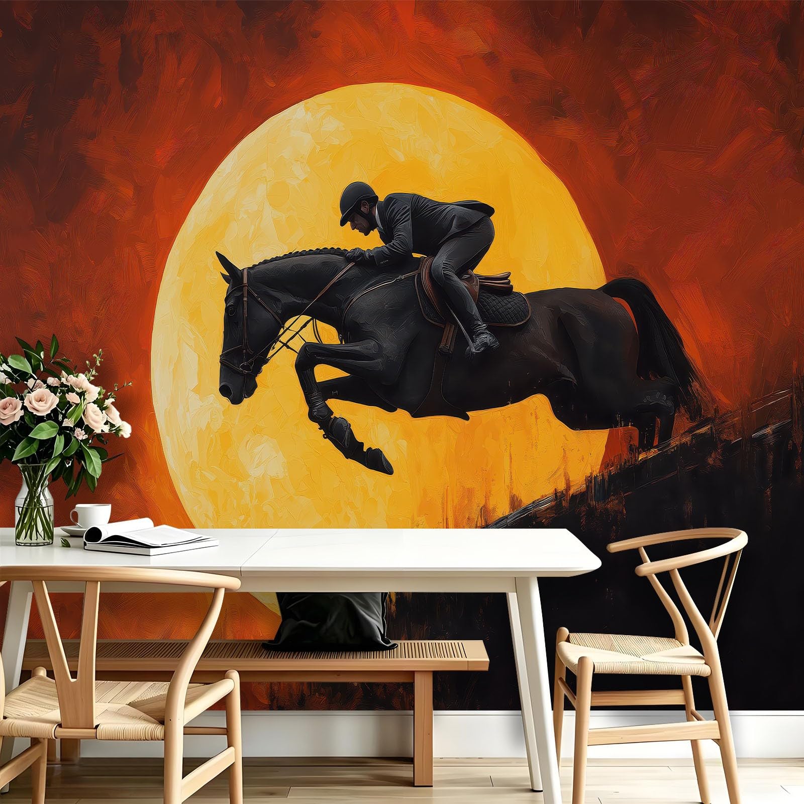 Carta da parati fotografica moderna con cavallo nero cavaliere luna, 200 x 140 cm, carta da parati in tessuto non tessuto, carta da parati da parete XXL, per ufficio, studio, palestra, rosso