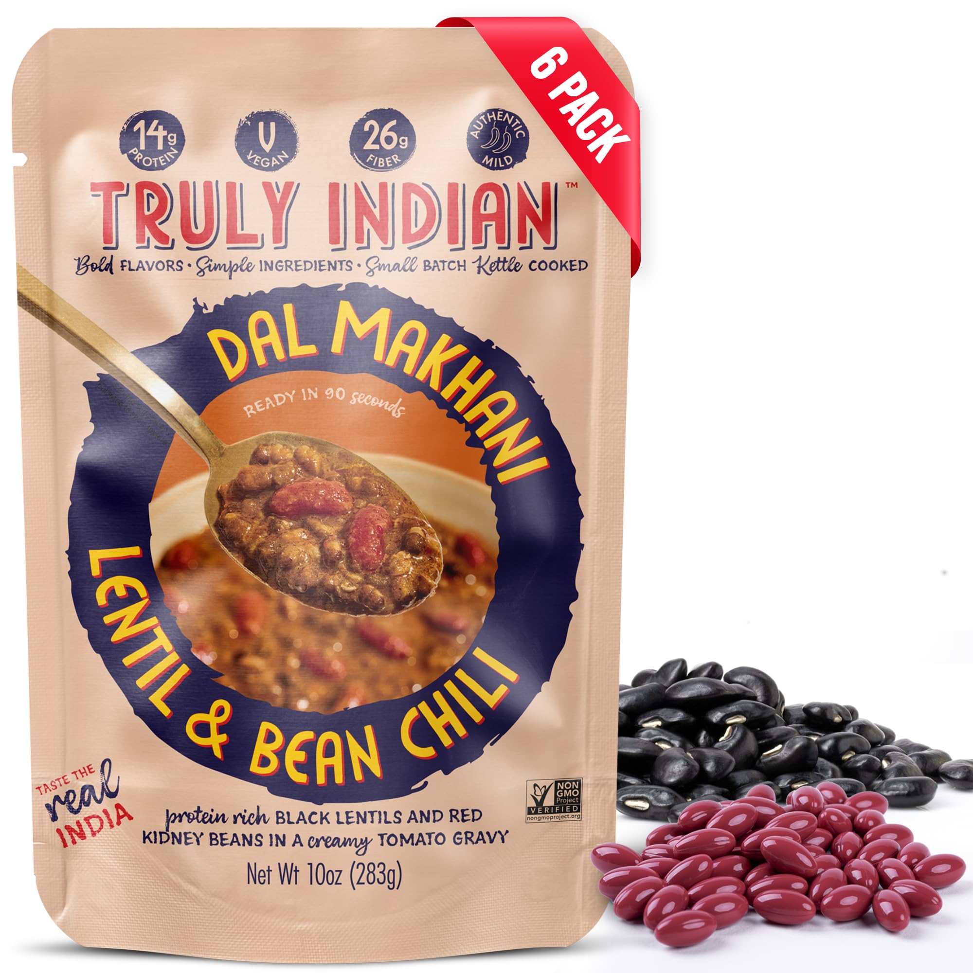 Truly Indian 6-Pack Spiced Lentil & Bean Chili (Dal Makhani) Authentic Traditional Ready to Eat Indian food 10oz - Made Fresh With Locally Grown Ingredients, Vegan, Microwaveable Meal