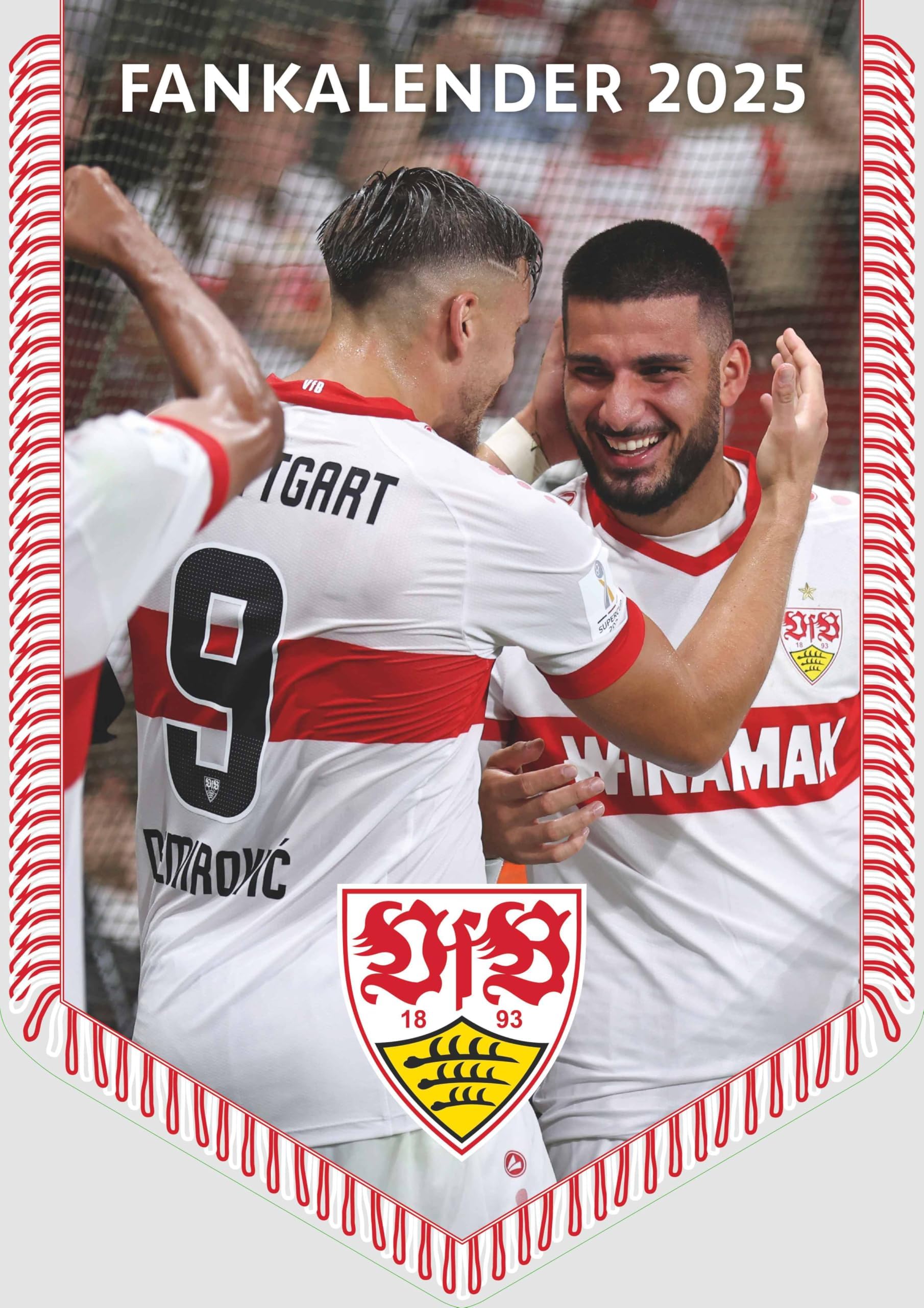 N NEUMANNVERLAGE - VfB Stuttgart 2025 Bannerkalender, 29,7x42cm, Fußballkalender mit Motiven der Stars, Fan-Kalender mit Fußball-Highlights, Spiralbindung und deutsches Kalendarium