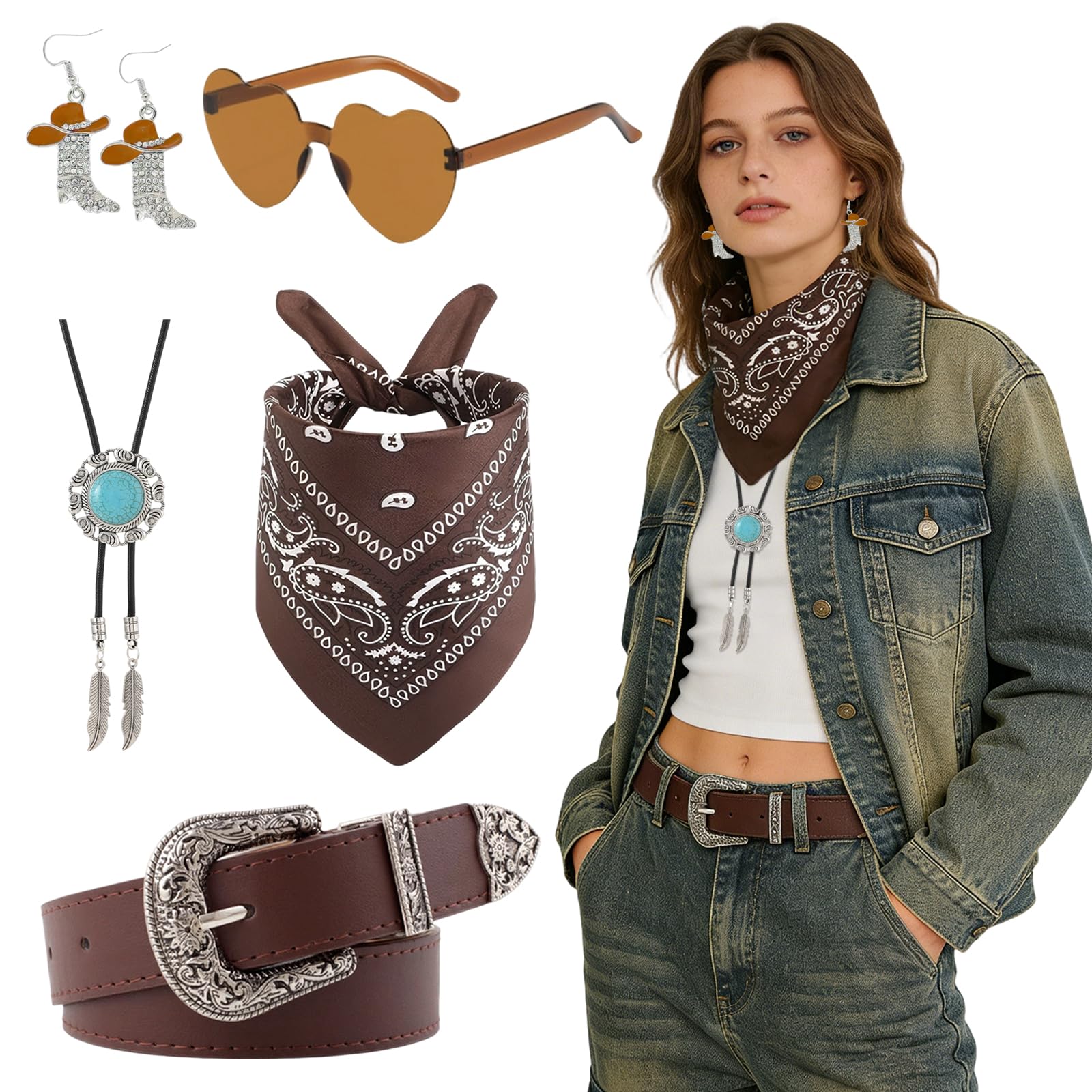 DAVBNM Western Cowboy Fancy Dress Accessories Set Cowboy Outfit Kit - Bandanna|Belt|Sunglasses|Necklace|Earrings, Cow Girl Costume for Masquerade Halloween Hippie Disco Carnivel Party โ image 1