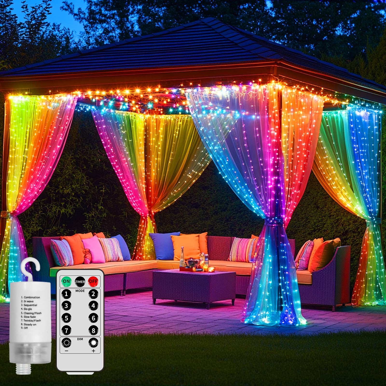 Curtain Lights Battery Operated 10x10Ft 300LED Waterproof Waterfall Light with 8 Modes Remote Dimmable Timer Memory Twinkle Fairy String Lights for Outdoor Indoor Gazebo Wedding Pergola Patio Bedroom