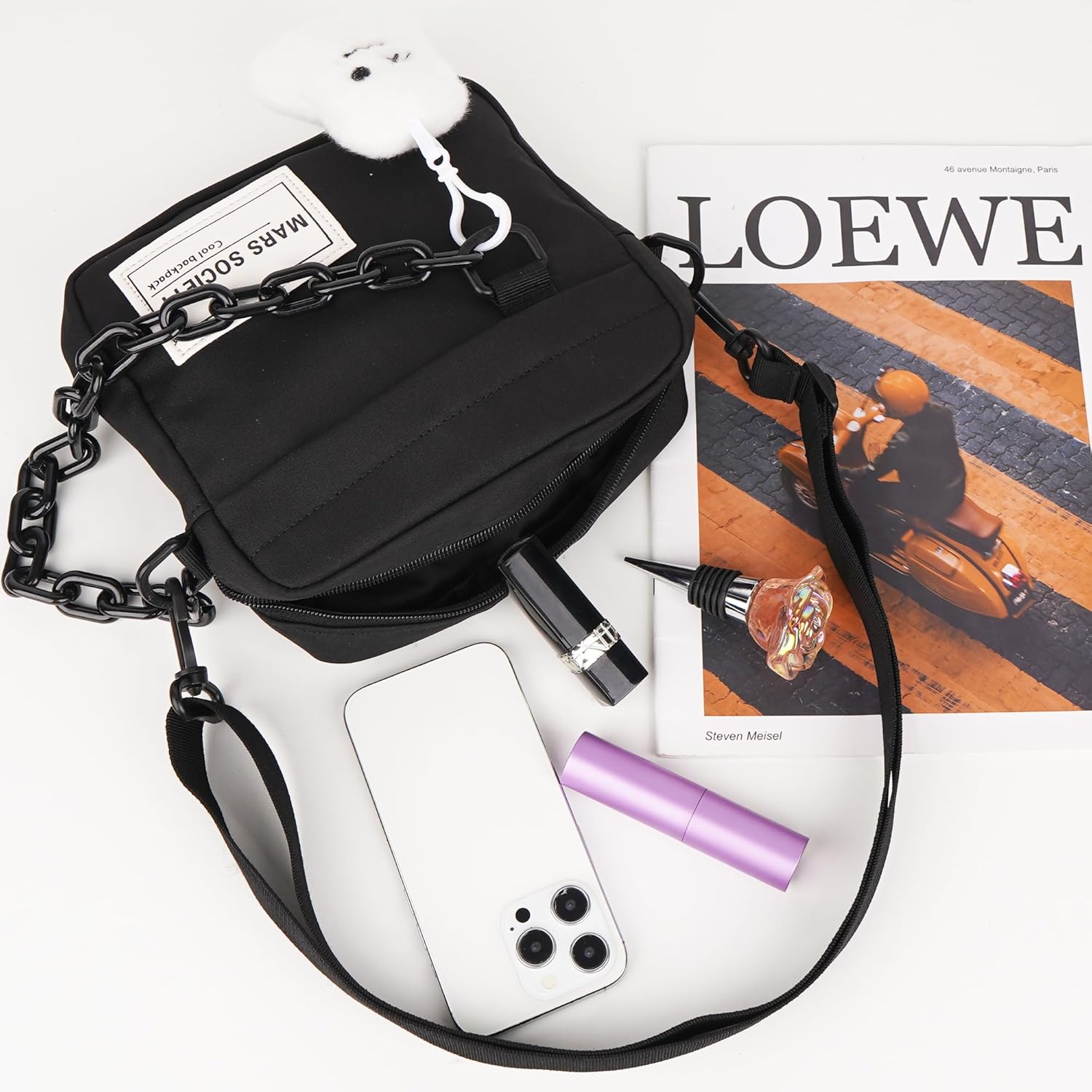 Small Crossbody Messenger Bag for Women Men, Cute Nylon Shoulder Purse Bag with Detachable Ghost Pendant, Black - Image 6