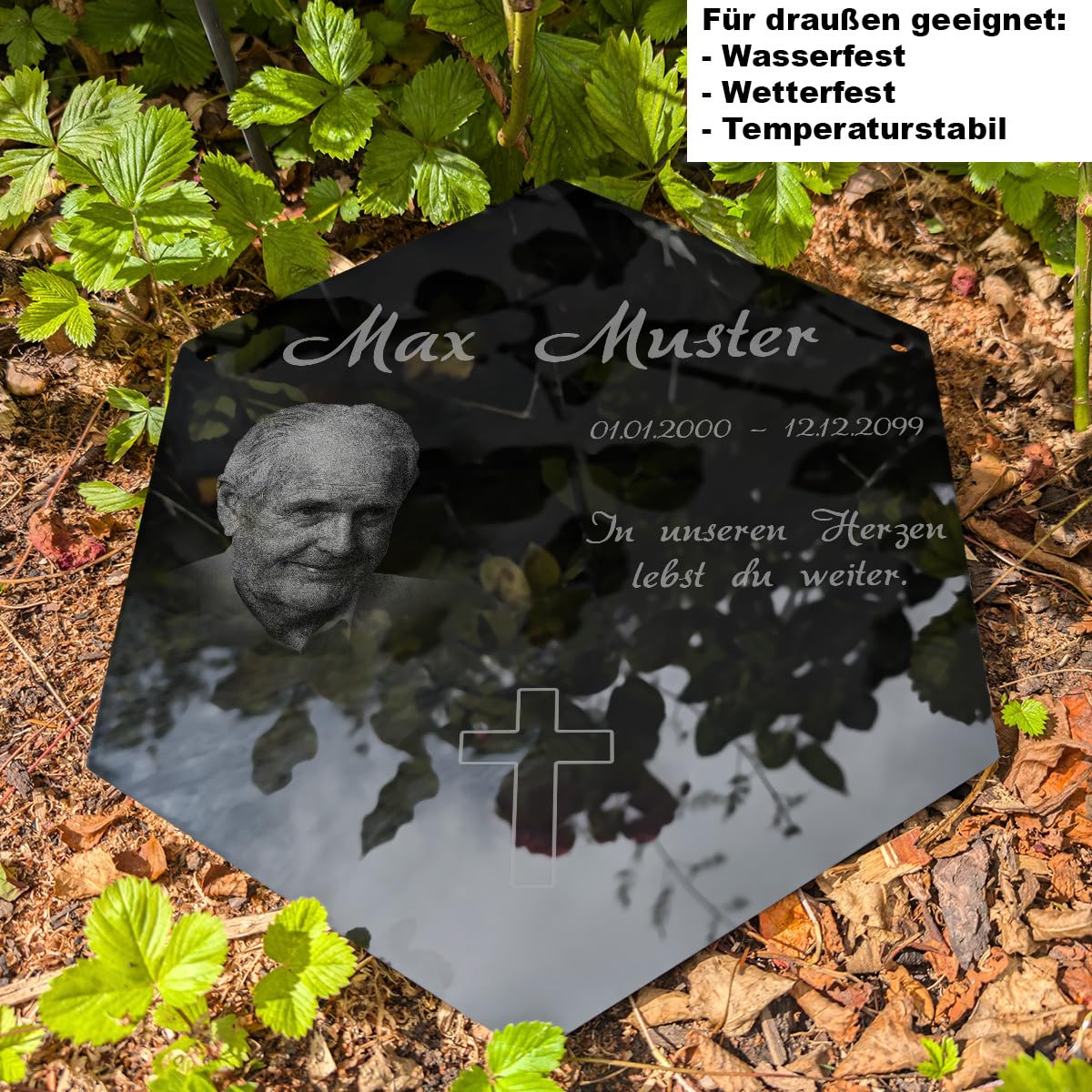 Personalisierter Sechseck Grabschmuck mit Foto Gravur - Acrylglas Schwarz Hochglanz 260 x 300 mm - wetterfest und wasserfest für Draußen und Innen, für Opa, Oma, Mama, Papa und Verstorbene