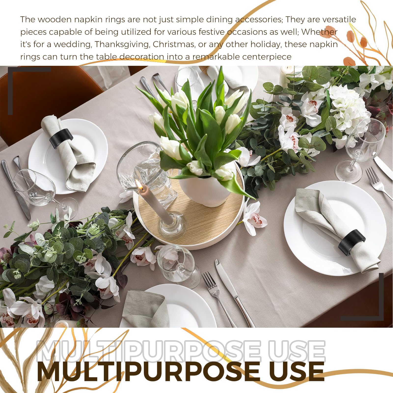Zhehao Serviettenringe aus Akazienholz, handgefertigt, für Esstisch, Serviettenhalter, Schnallen für Hochzeit, Abendessen, Ernte, Herbst, Weihnachten, Tischdekoration, 50 Stück (schwarz)