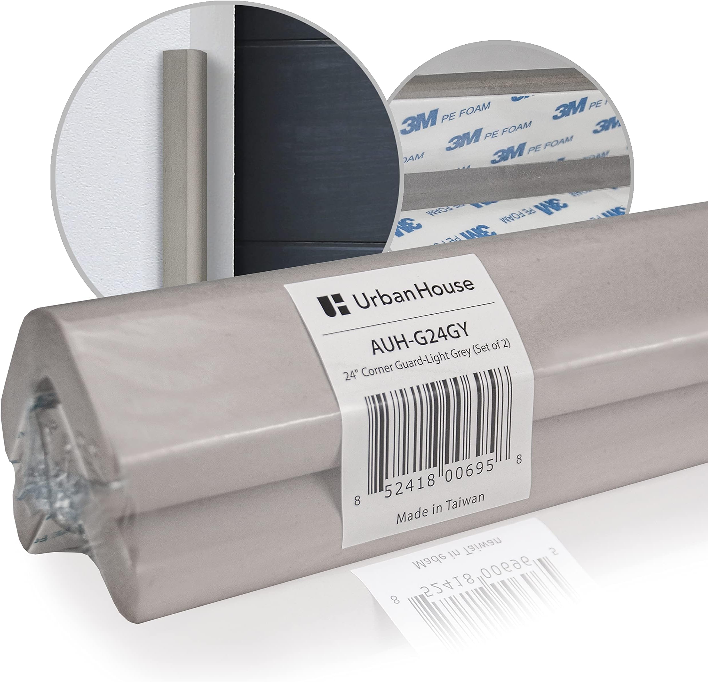 urbanhouse (2-Pack High-Density Corner Guard Edge Protector & Bumper for Parking Garages, Workshops, Baby Proofing Walls and Furniture - Neutral Grey, 24 Inches.