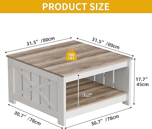 Miniatura 2 de Mesa de café cuadrada DWVO para sala de estar, mesa de café de casa de campo con almacenamiento, mesas de café de madera de 2 niveles mesa central