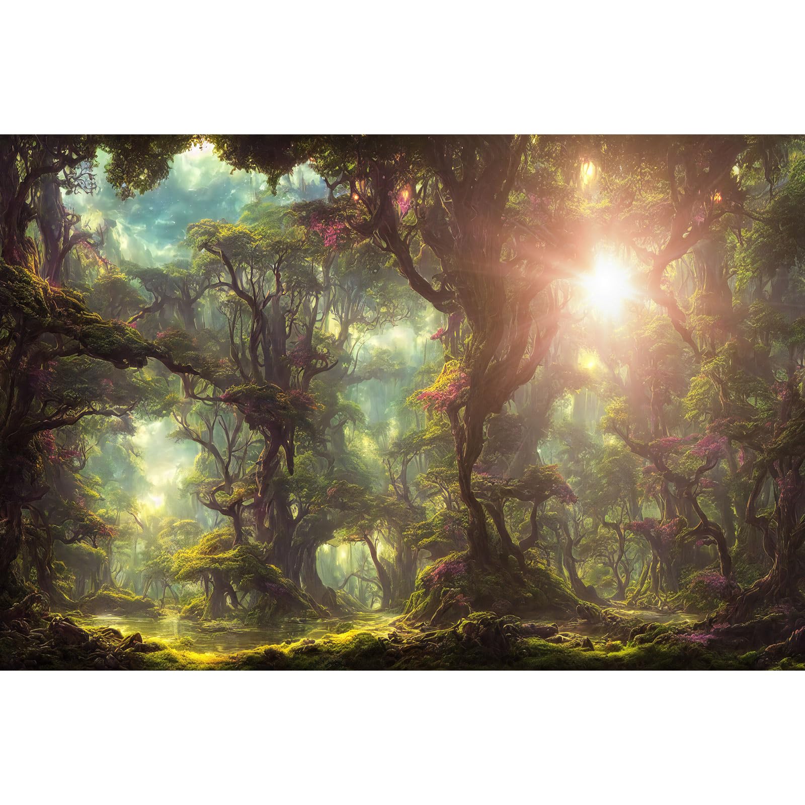 Forest Aquarium Background Fantasy Rainforest with Fog and Sunbeams Terrarium Background Abstract Tropical Jungle Forest with Lake Fish Tank Background Lush Green Trees Reptile Background 60x24in