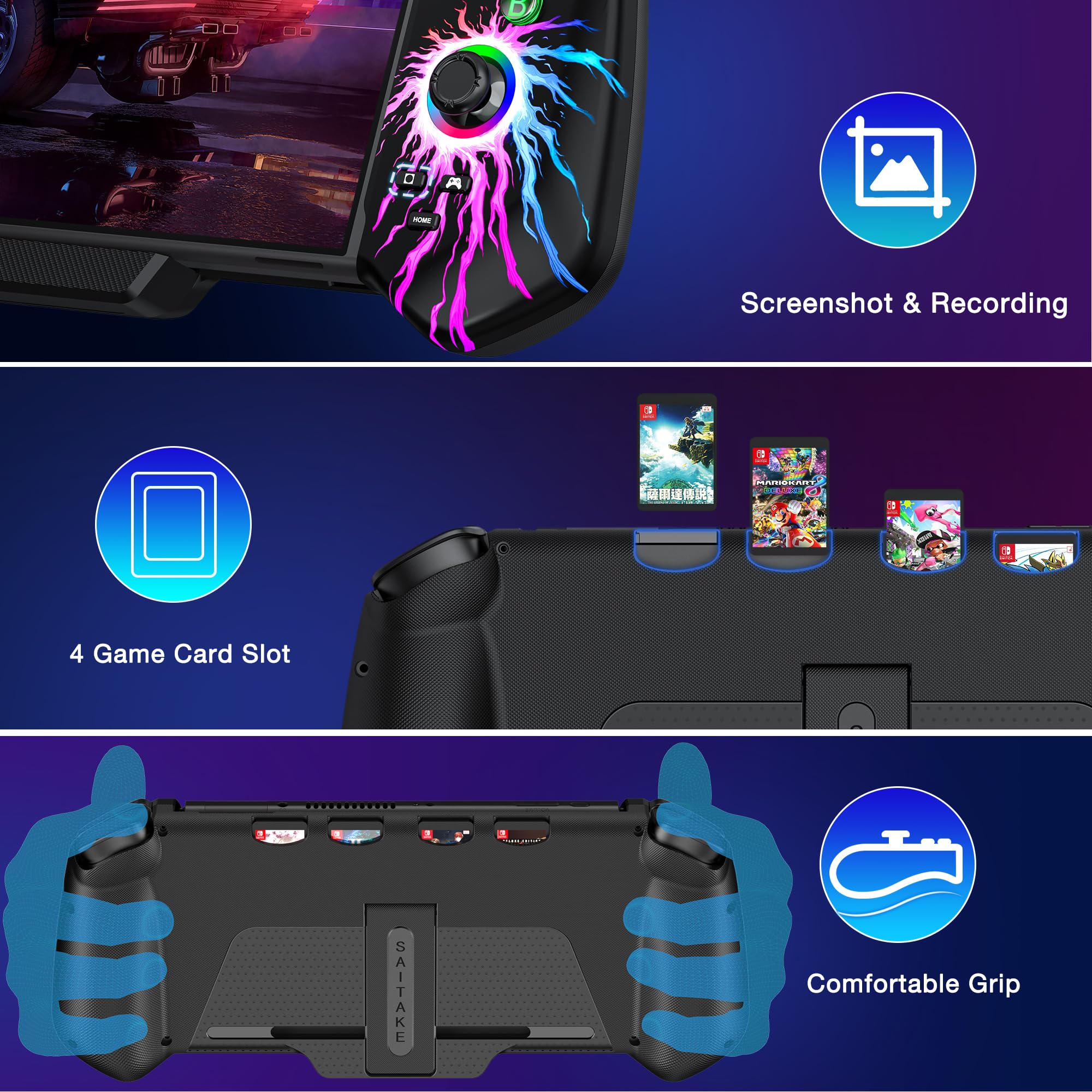 HELLCOOL Hall-Effekt Switch Controller, Plug&Play Handheld Switch Controller für Switch/OLED Konsole, Präzise Joystick, Cooles RGB-Licht Look, 4xSpiele Karten Slots