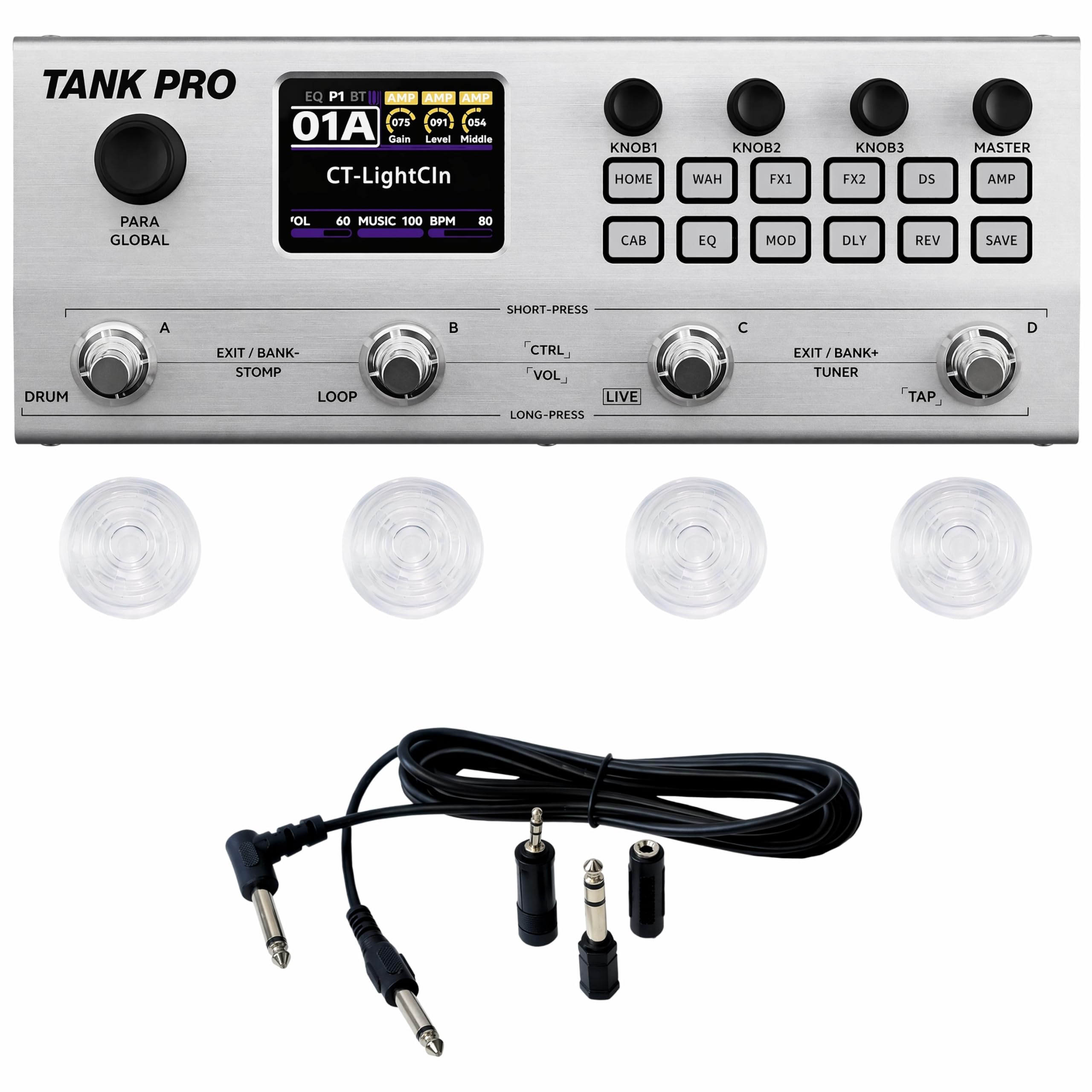 M-VAVE TANK-PRO Multi Effects Guitar Pedal, Multi Effects Processor, Amp Modeler, Drum Machine Pedal & Guitar Looper Pedal, Guitar Pedal with Footswitch Topper and Audio Cable (Silver) : Musical Instruments