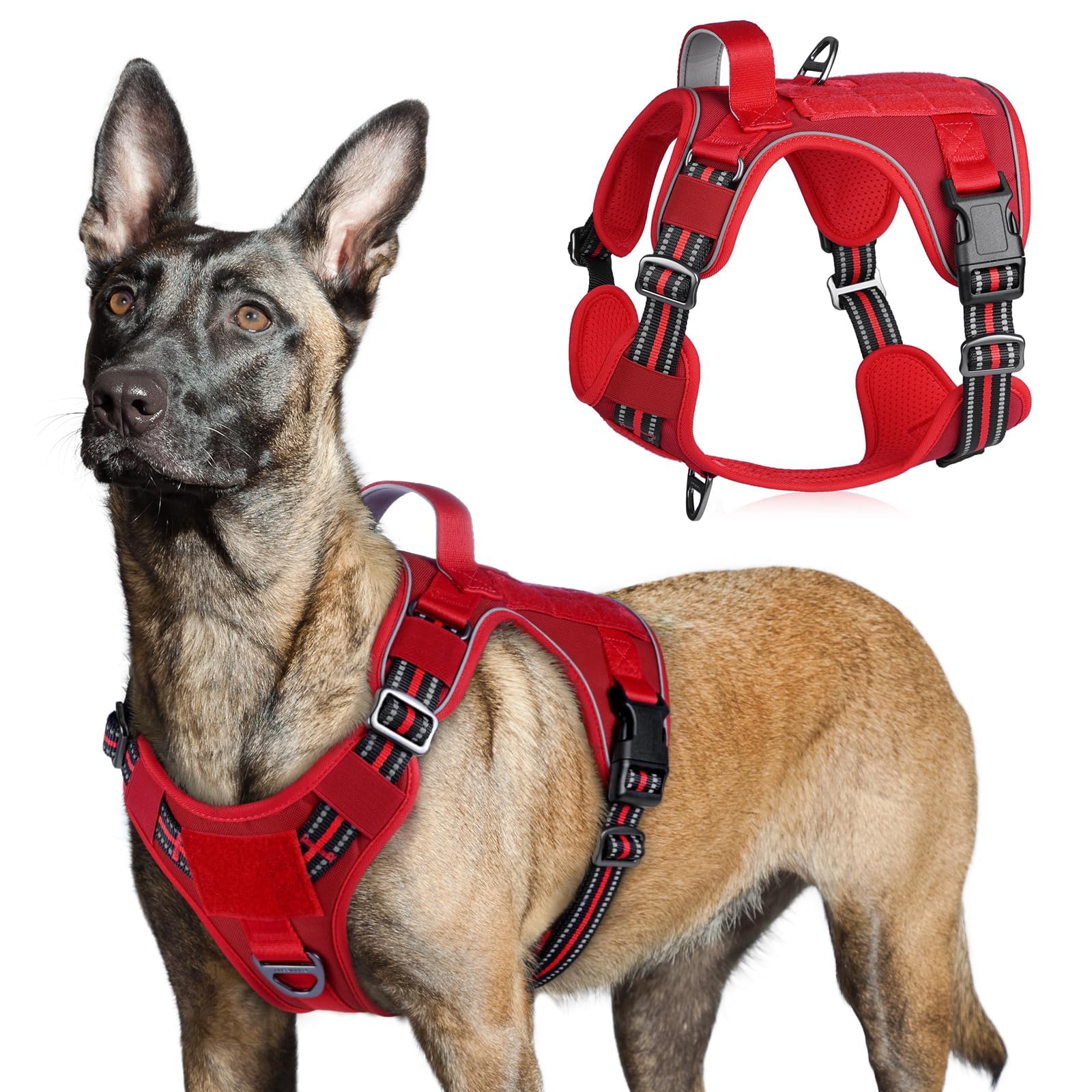 rabbitgoo Dog Harness Large Dog No Pull, Tactical Adjustable Pet Harness with Molle Panel, Breathable Military Vest, Reflective Walking Vest with Easy Control Handle for Training Walking, Red, L — image 1