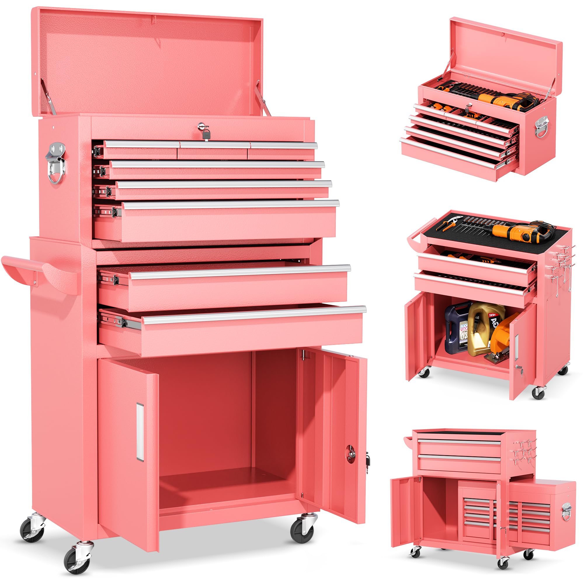 8-Drawer Rolling Tool Chest – Heavy-Duty Steel Tool Cabinet with Detachable Top Box & Locking Wheels – Secure 2-in-1 Garage Workshop Storage, Tool Organizer (Pink)