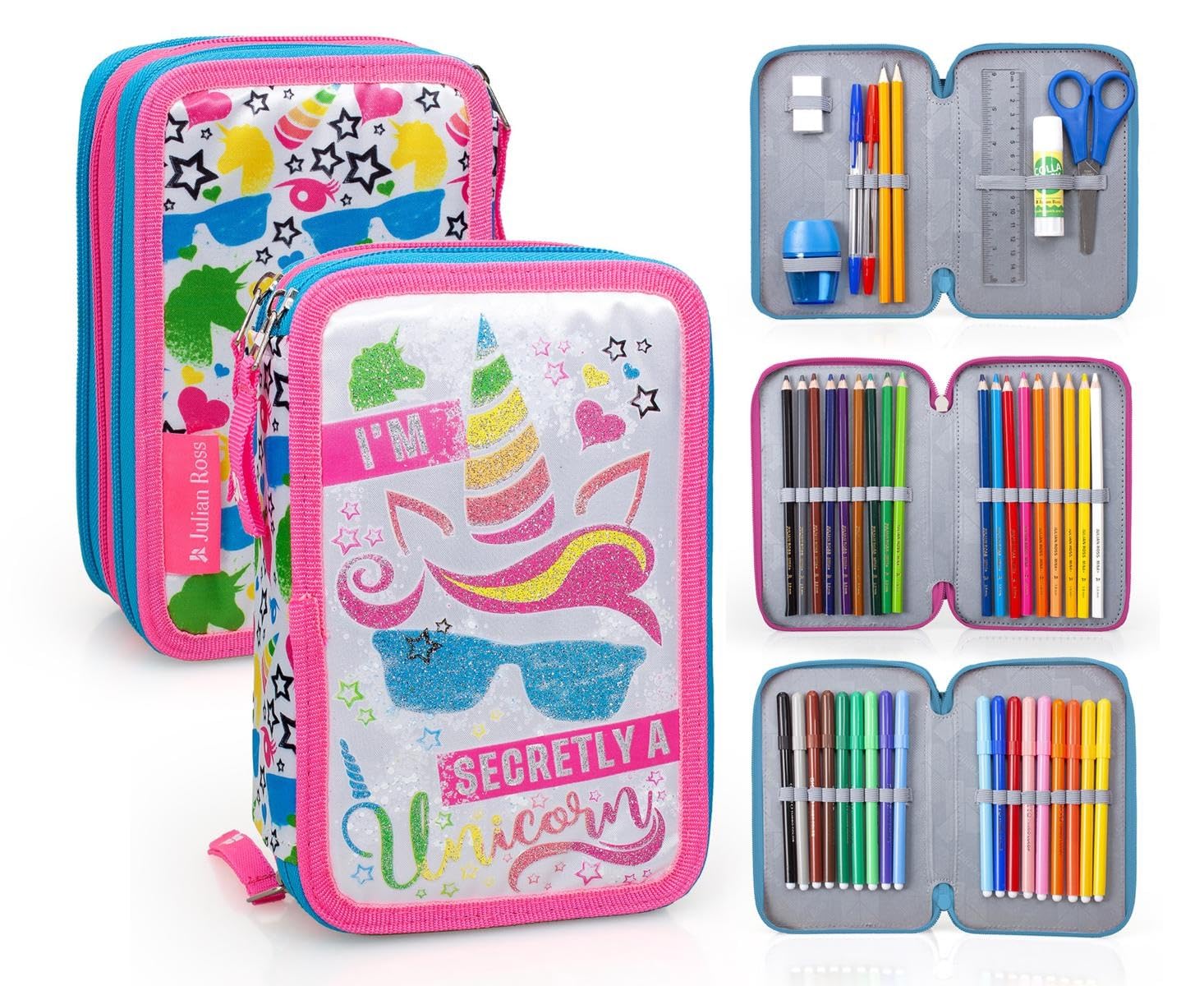 Julian Ross Unicornio Estuche Triple Lleno para Niñas, Plumier Triple, 45 Accesorios Educación Primaria, 20 Centímetros, Pegamento de Barra, Mina+, 3 Cremalleras, Compartimentos Organizados