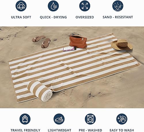 Miniatura 3 de Juego de 2 toallas de playa 100% algodón, toallas de playa a rayas cabaña, toallas de playa de gran tamaño para adultos (36 x 72 pulgadas),