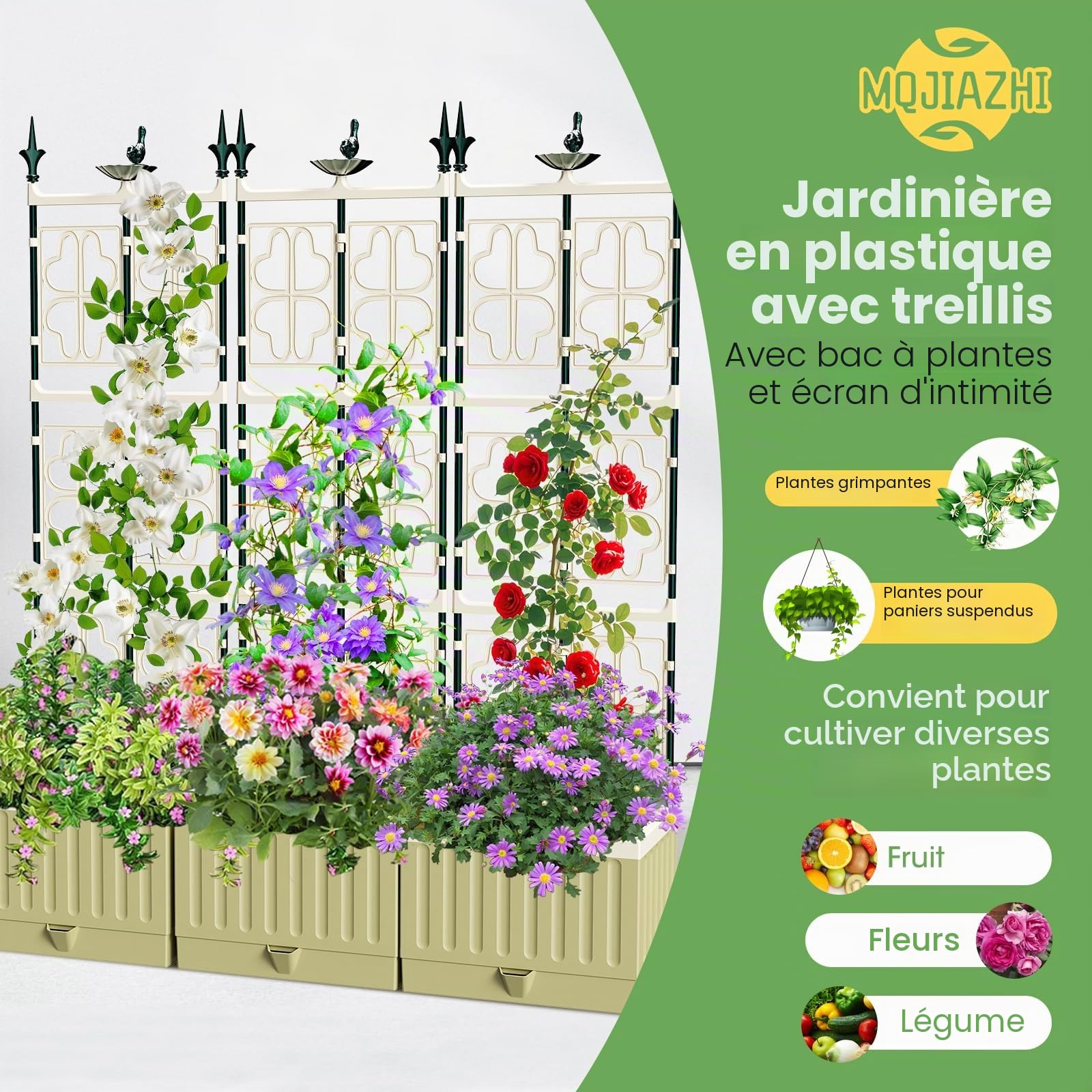 Jardinière surélevée avec treillis en métal, 142 cm, auto-arrosage, jardinière surélevée pour plantes grimpantes, fruits, légumes, fleurs
