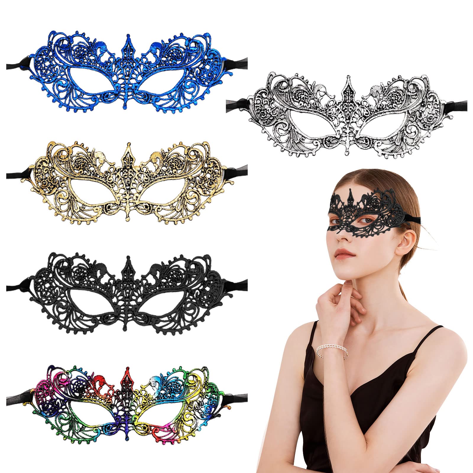 5 PCS Masquerade Ball Mask，Lace Eye Mask Lady Girl Face Venetian Lace Mask,For Fancy Carnival Ball Halloween Party Costume Dress Halloween