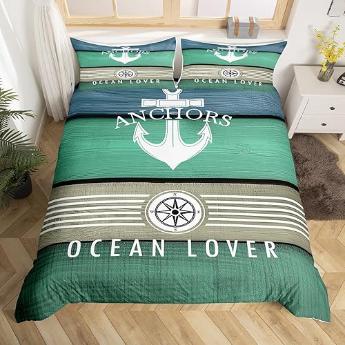 Juego de funda de edredón náutica con anclaje de barco para mujeres y niños, funda de edredón de brújula de barco, estilo vintage, turquesa, azul y
