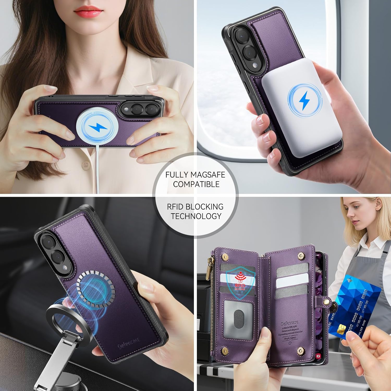 Defencase for Samsung Galaxy S25 Edge Magnetic Wallet Case Compatible with Magsafe with RFID Blocking Zipper & Card Holder Women, PU Leather Detachable Phone Case for Galaxy S25 Edge 6.7", Purple