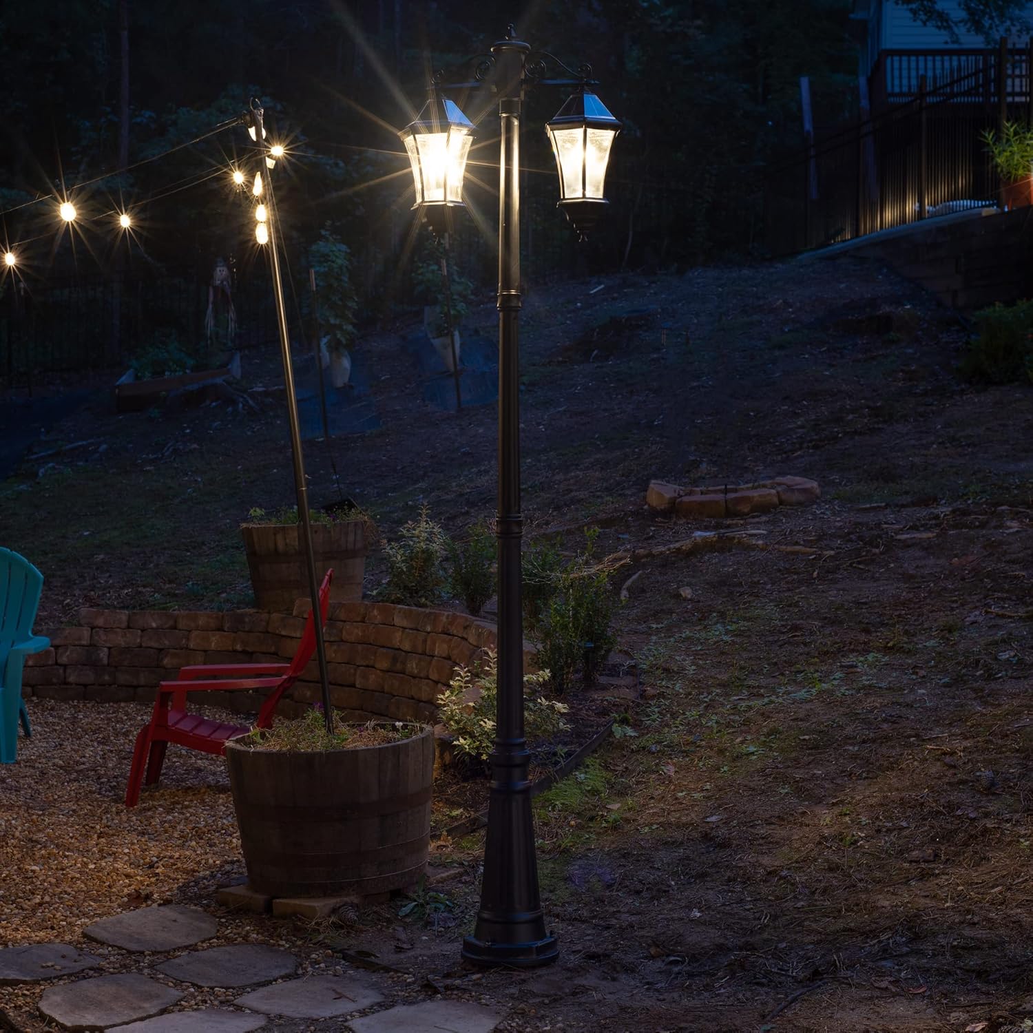 Gama Sonic Victorian Outdoor Solar Post Light, Double Hung Lamps, Cast Aluminum Durable, Solar Morph Technology, Black (94BM500D2)