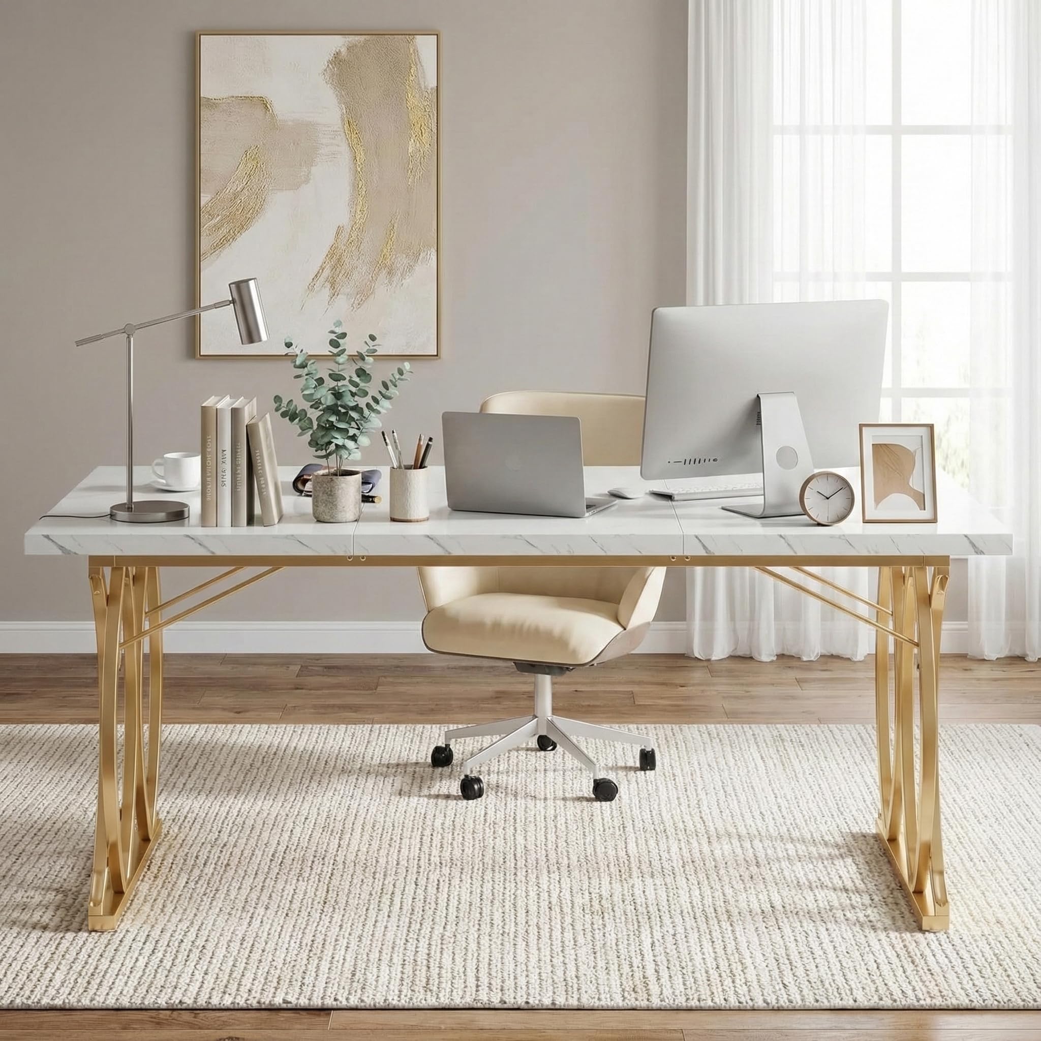 Lailang 160cm Scrivania Per Pc E Stampante, Tavolo Ufficio Riunioni, Mobili Ufficio Moderni, Scrivania Gaming Bianca, Arredamento Casa, Tavolo Legno, 160 x 80 x 75 cm, Oro