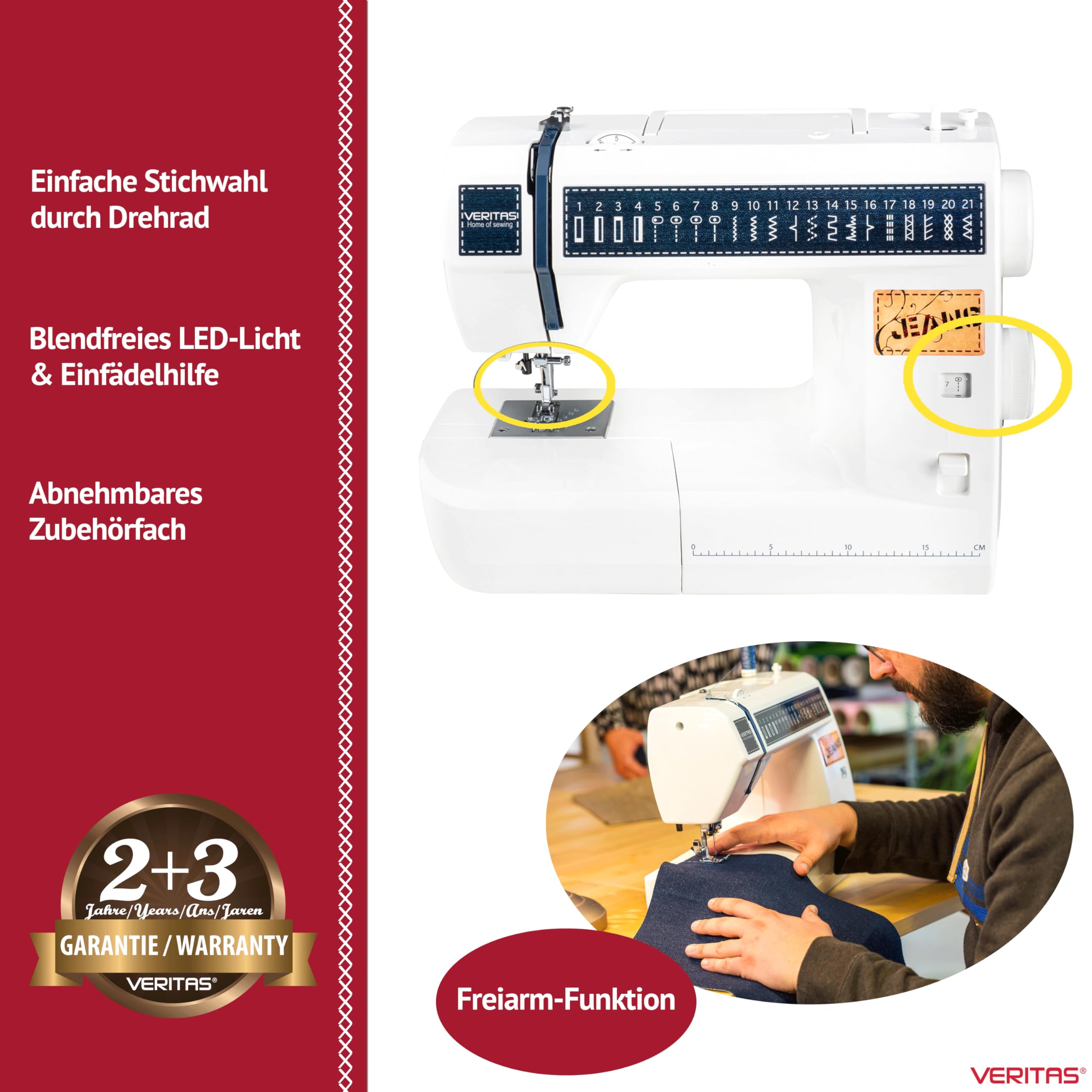 VERITAS Nähmaschine JSB21 I 21 Stichprogramme I Einfädelhilfe I Auto-Fadenspannung & Fadenabschneider I LED-Nählicht I inkl. Staubschutzhülle I Mechanische Nähmaschine (weiß)