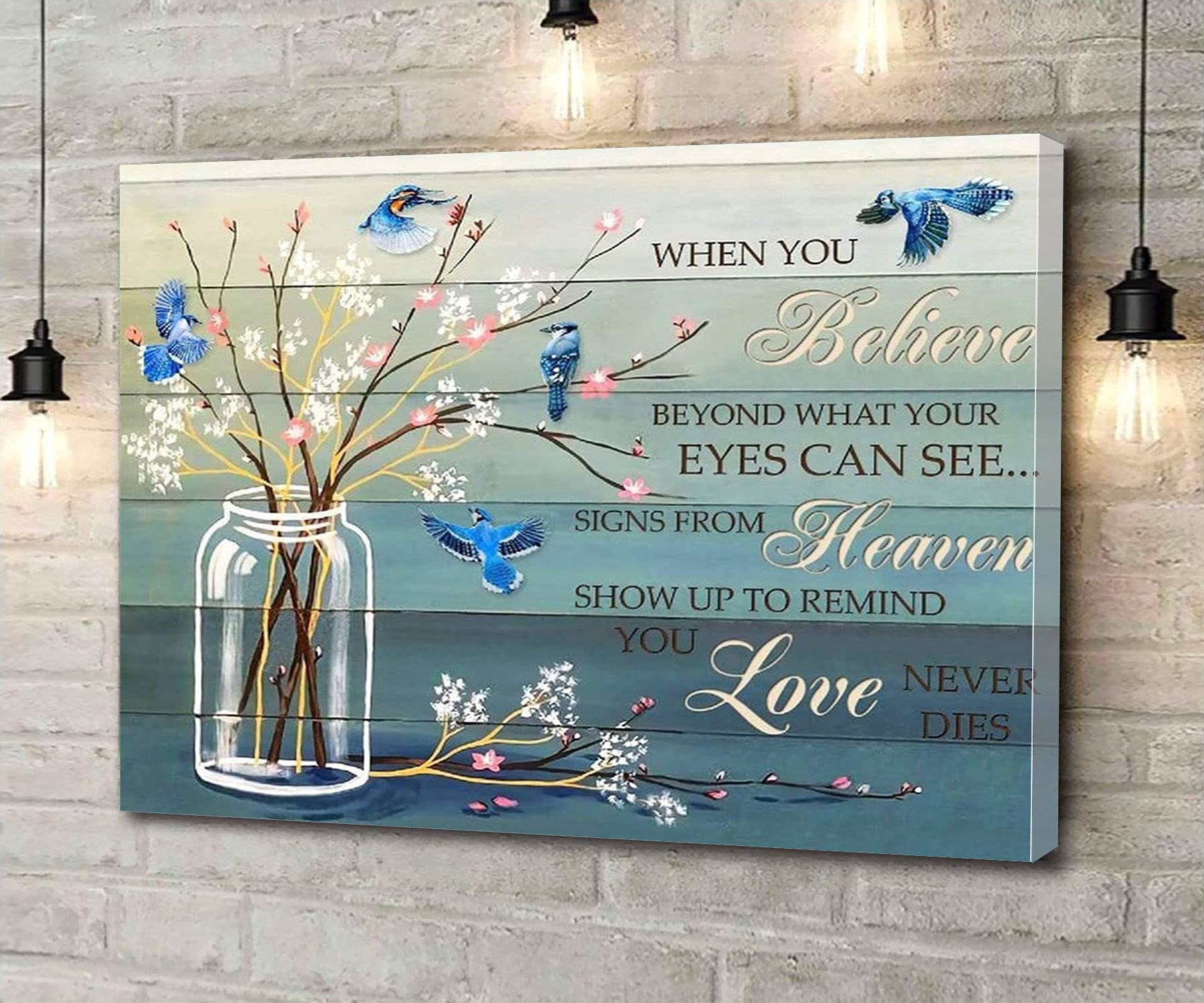 Canvas Wall Art Blue Jay Bird When You Believe Canvas Artwork Wall Art for Living Room Bedroom Bathroom Room Office Decor Framed 8''x12''