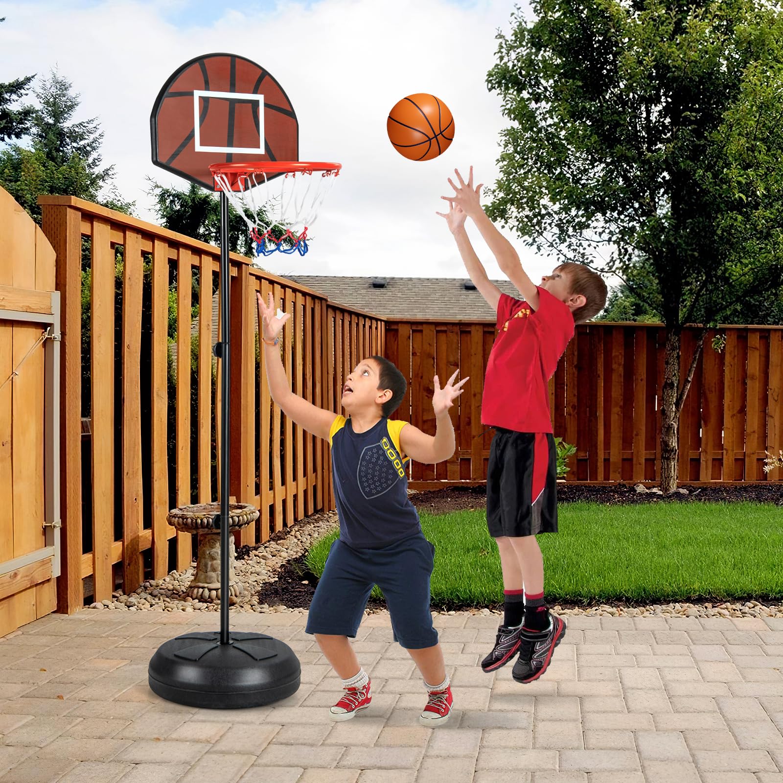 COSTWAY Kinder Basketballkorb mit Dartscheibe, 2 in 1 Basketballständer mit doppelseitigem Rückbrett & 6 Darts, 96-146 cm höhenverstellbar, Basketballkorb mit Ständer für Kinder ab 8 Jahren