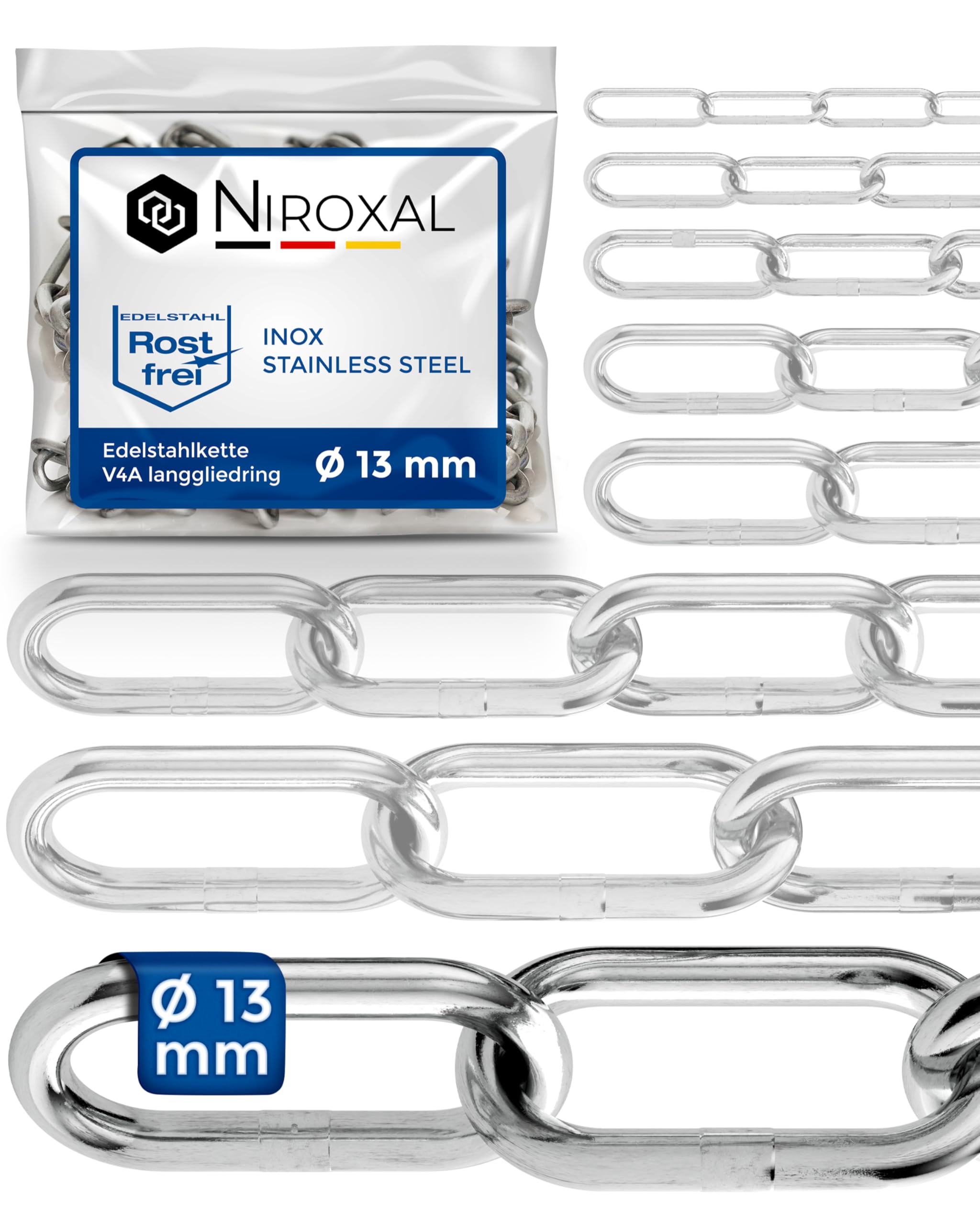 25 Meter 13mm starke Gliederkette Meterware V4A Befestigungskette Metall langgliedrig am Stück A4 Ankerkette DIN5685 Schaukel Ketten DIN763 rostfreie Edelstahlkette Eisenkette 25m