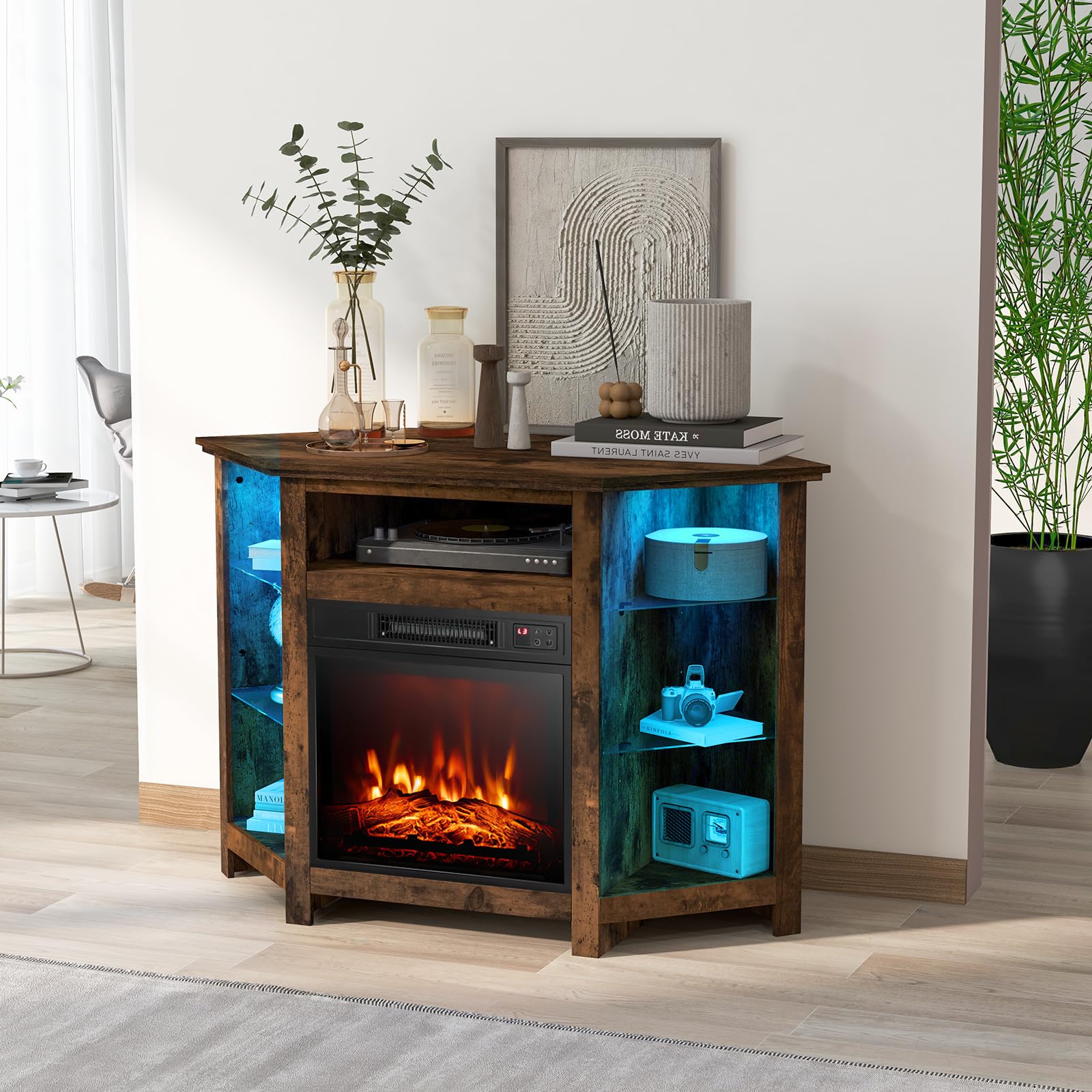 COSTWAY Electric Fireplace Corner TV Stand for TVs Up to 50 Inches, Modern Fireplace Entertainment Center with 16-Color LED Lights, Adjustable Shelves, Remote & Smart APP Control, Rustic Brown
