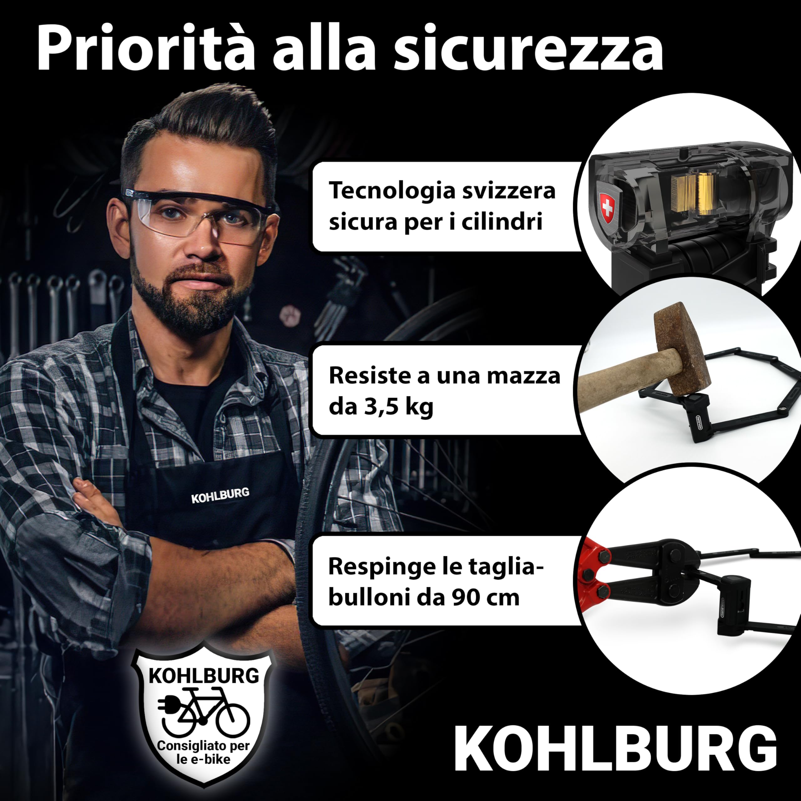 KOHLBURG Antifurto pieghevole bici 110cm chiave [resistente ai tronchesi] come antifurto per bicicletta elettrica – Antifurti per bicicletta ad alta sicurezza con supporto e-scooter – Bike Lock