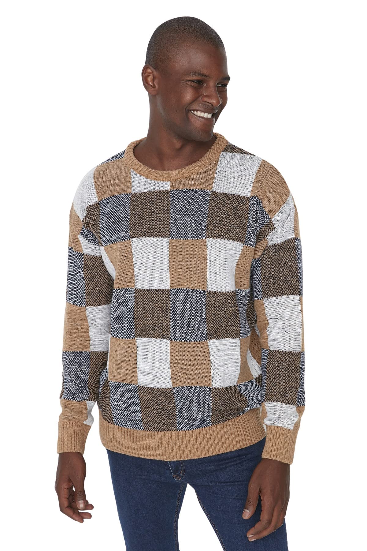 Trendyol Man Oversize Basic Crew Neck Knitwear Sweater Camel
