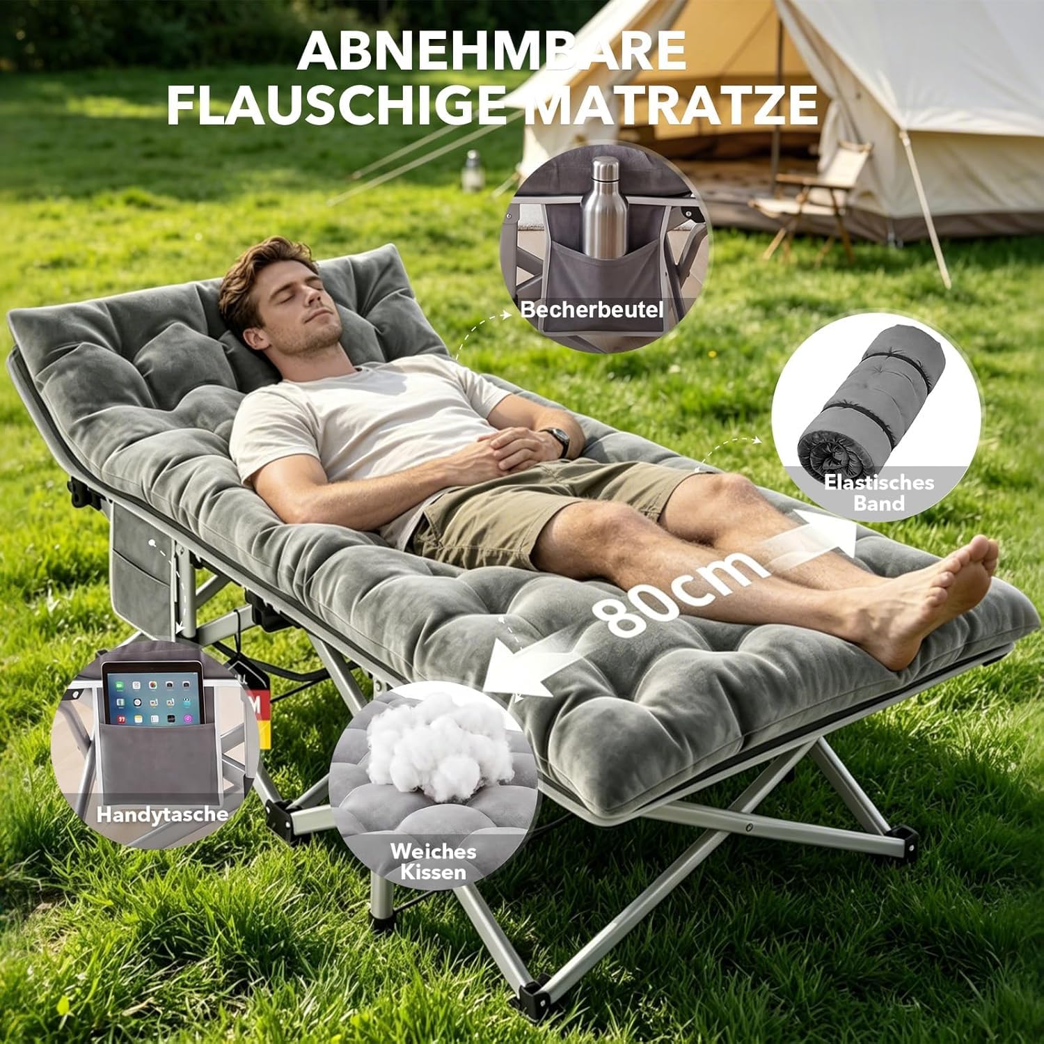 XXL Campingbett Feldbett 190 x 80 x 37 cm Feldbett Klappbar mit Matratze, Klappbett mit Seitentasche, Camping Bett 2 Personen Campingliege, Faltbar Gästebett bis 308 kg für Outdoor Indoor Reisen