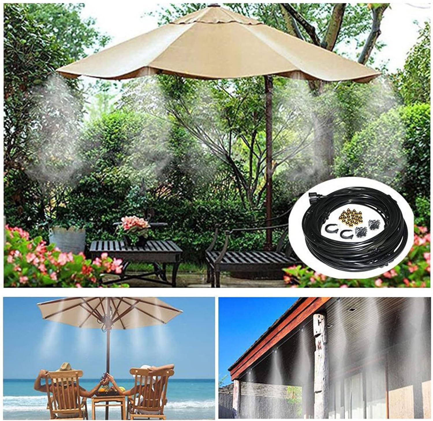 Misting Cooling System, Pre-Assembled Misting Kit, Misting Line + Brass Mist Nozzles + a Brass Adapter(3/4") Outdoor Mister for Patio Garden Greenhouse Trampoline Sprinkle ( Color : Black , Size : 9m/