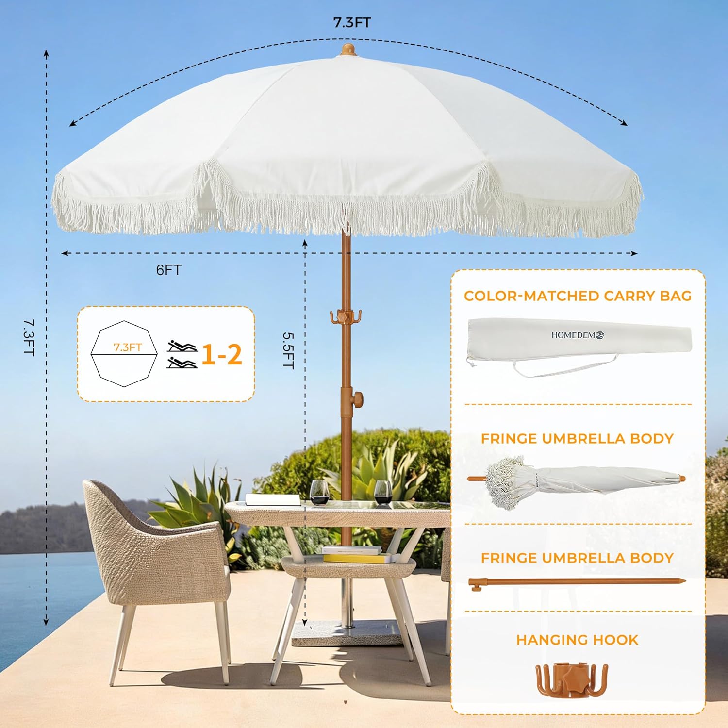 homedemo boho patio umbrella with fringe, outdoor tassel umbrella with upf50+ sun protection and push button tilt, premium aluminum pole & fiberglass ribs, includes hanging hook creme 6.5ft