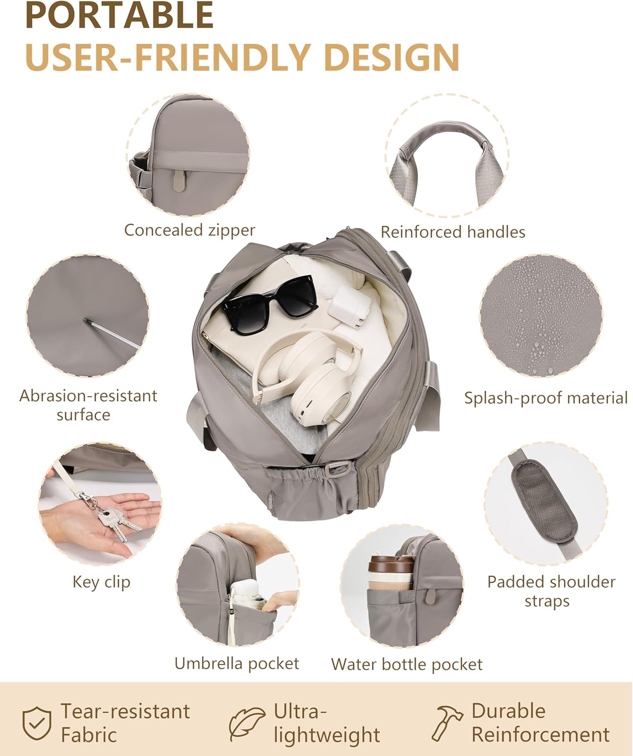 Expandable Duffle Bag for Travel, Carry On Luggage & Gym Bag for Women & Men, Small Personal Item Travel Bag, Overnight Weekender & Tote for Airplane Essentials (Taupe) - Image 7