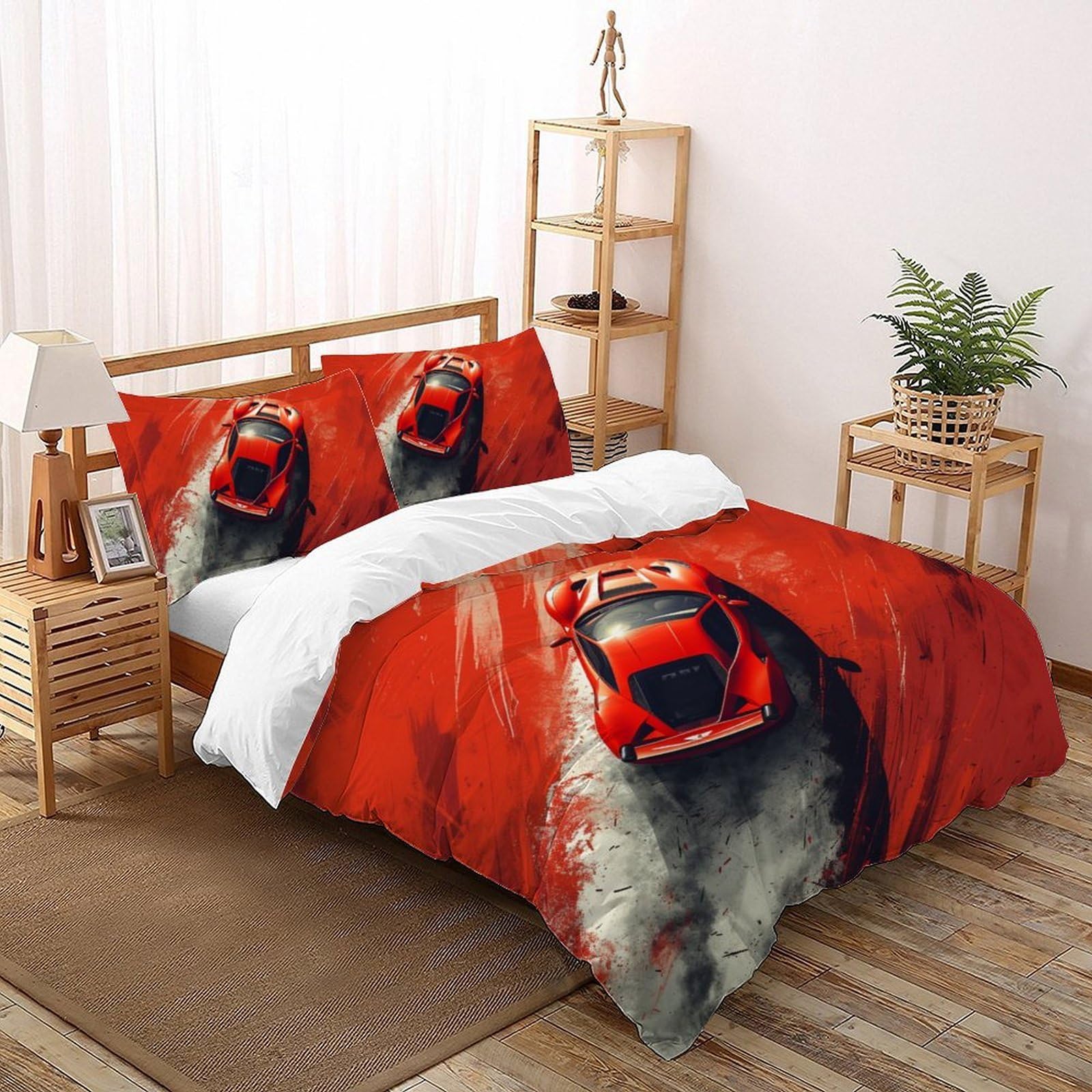 Housse de couette voiture de sport rouge 3D garçon 3 pièces lit double 200x200cm doux