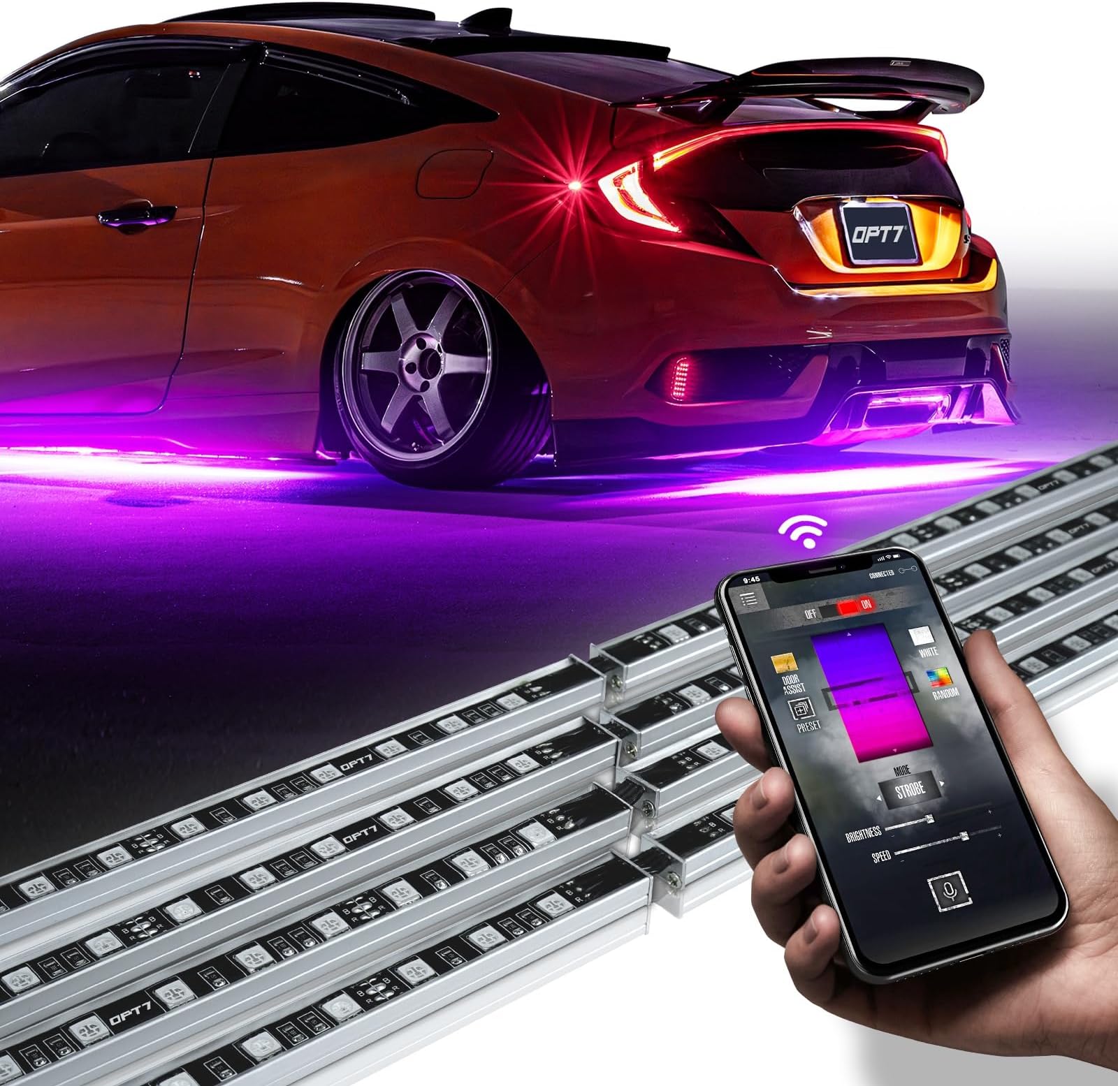 OPT7 Aura Pro Underglow LED Lights Kit for Car with APP & Remote Control, RGB Multicolor Modes, Music Sync, Waterproof Rigid Aluminum Light Bar, Exterior Neon Accent Underbody Lighting, Easter Gifts