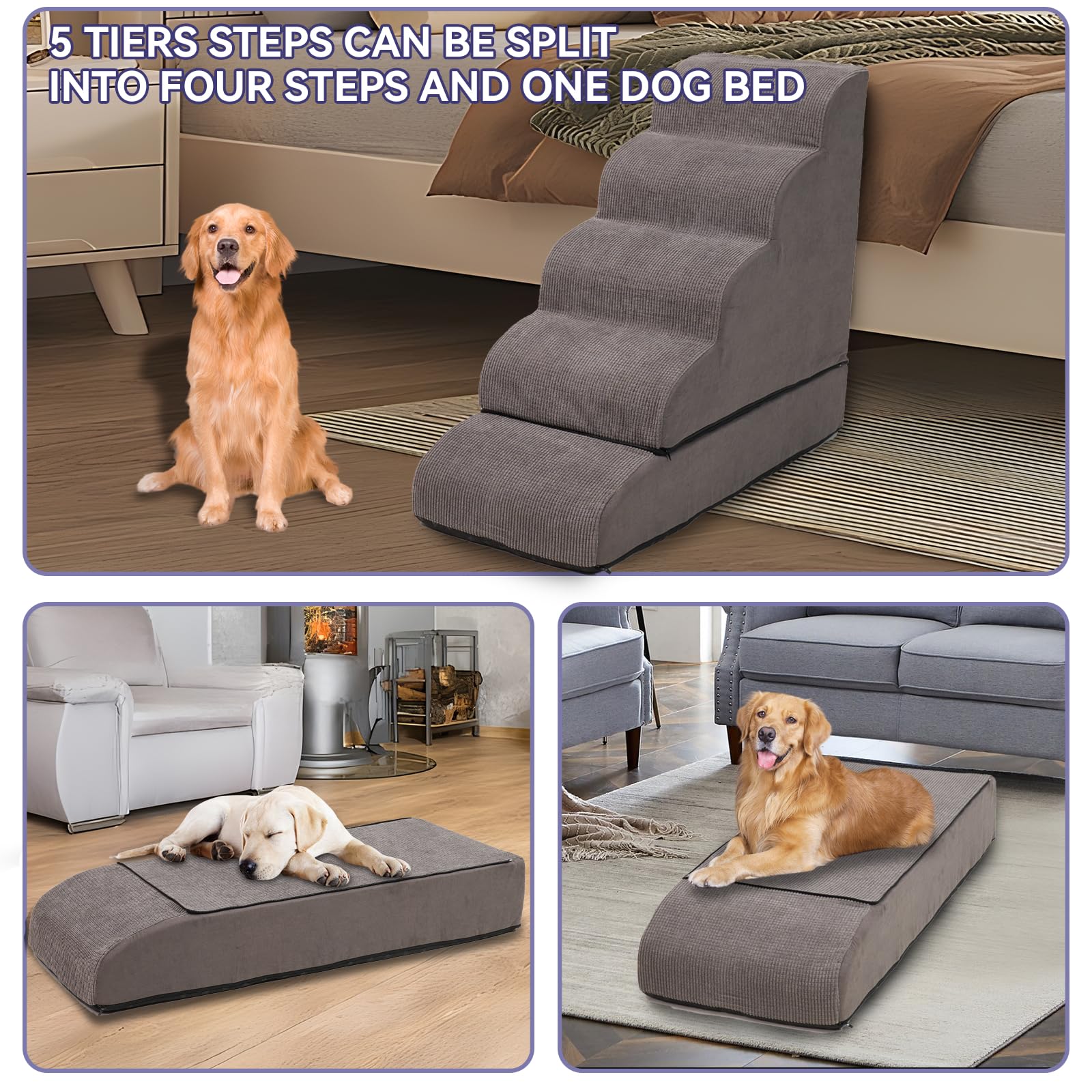Foam Dog Steps&Stairs for High Beds 25-28 inches High, 5 Steps Tall Pet ...