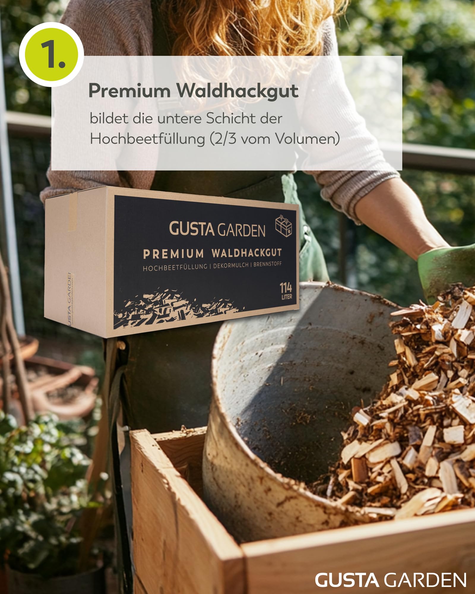 Gusta Garden Hochbeetfüllung - Waldhackgut & Hochbeeterde mit Langzeitdünger, plastikfrei, torffrei, Made in Austria, Hochbeet Set, Grundfüllung (1.000L)