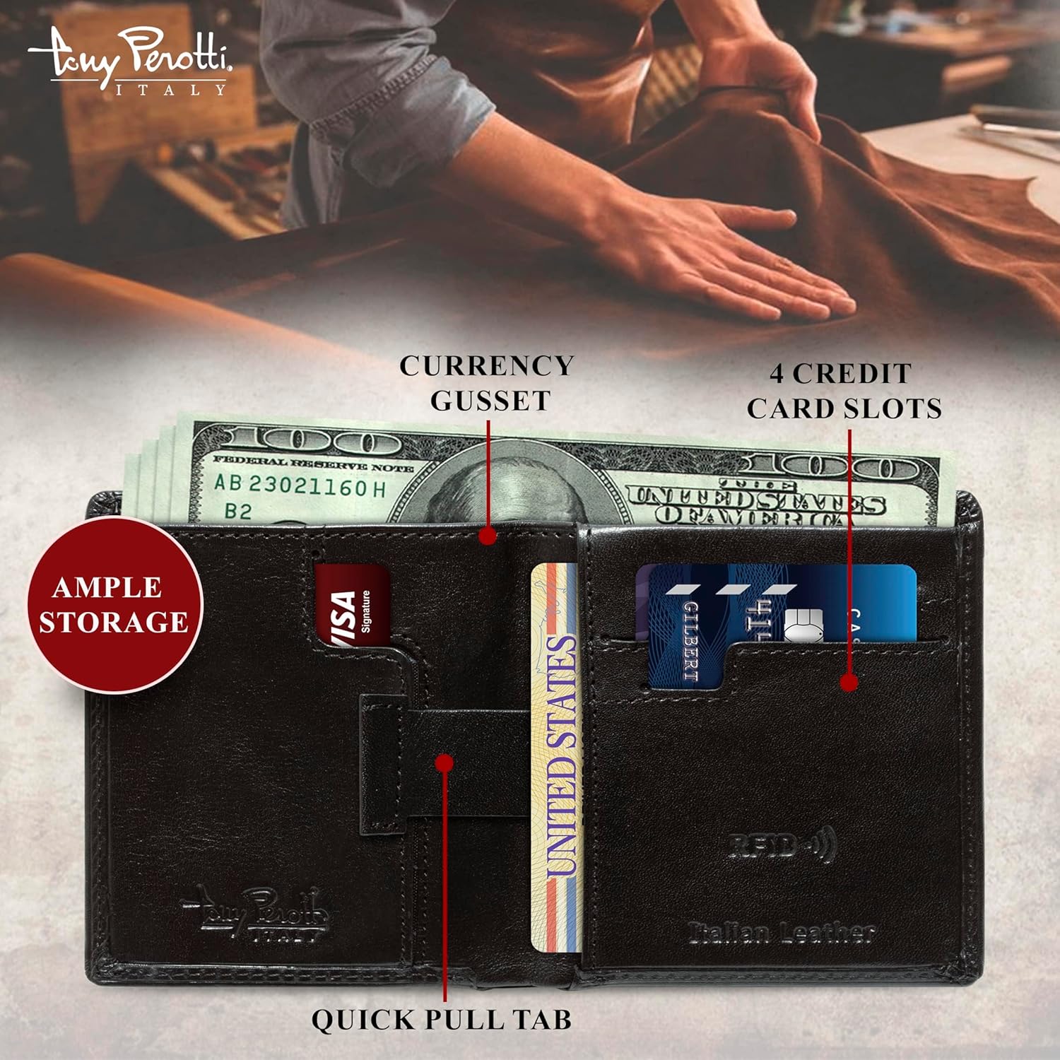 Tony Perotti Men's Italian Leather Bifold Wallet With Card Holders, Pockets - Slim RFID With Quick Card Pull Tab - Eco-Friendly Tanned Full Grain - Image 2