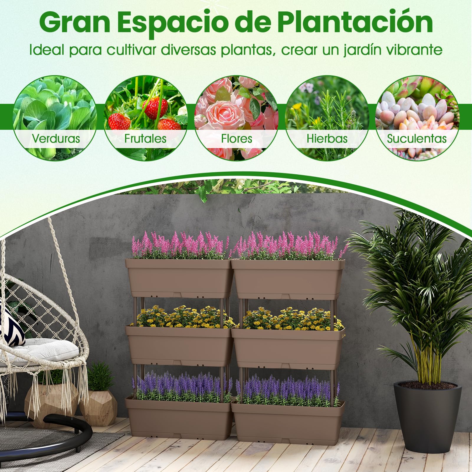 COSTWAY Cajas de Jardinería de 6 Piezas, Jardín Vertical Elevado, Diseño Bricolaje, Torre de Plantación para Vegetales Hierbas Flores, Macetas Jardinera en para Patio Jardín Balcón (Gris)