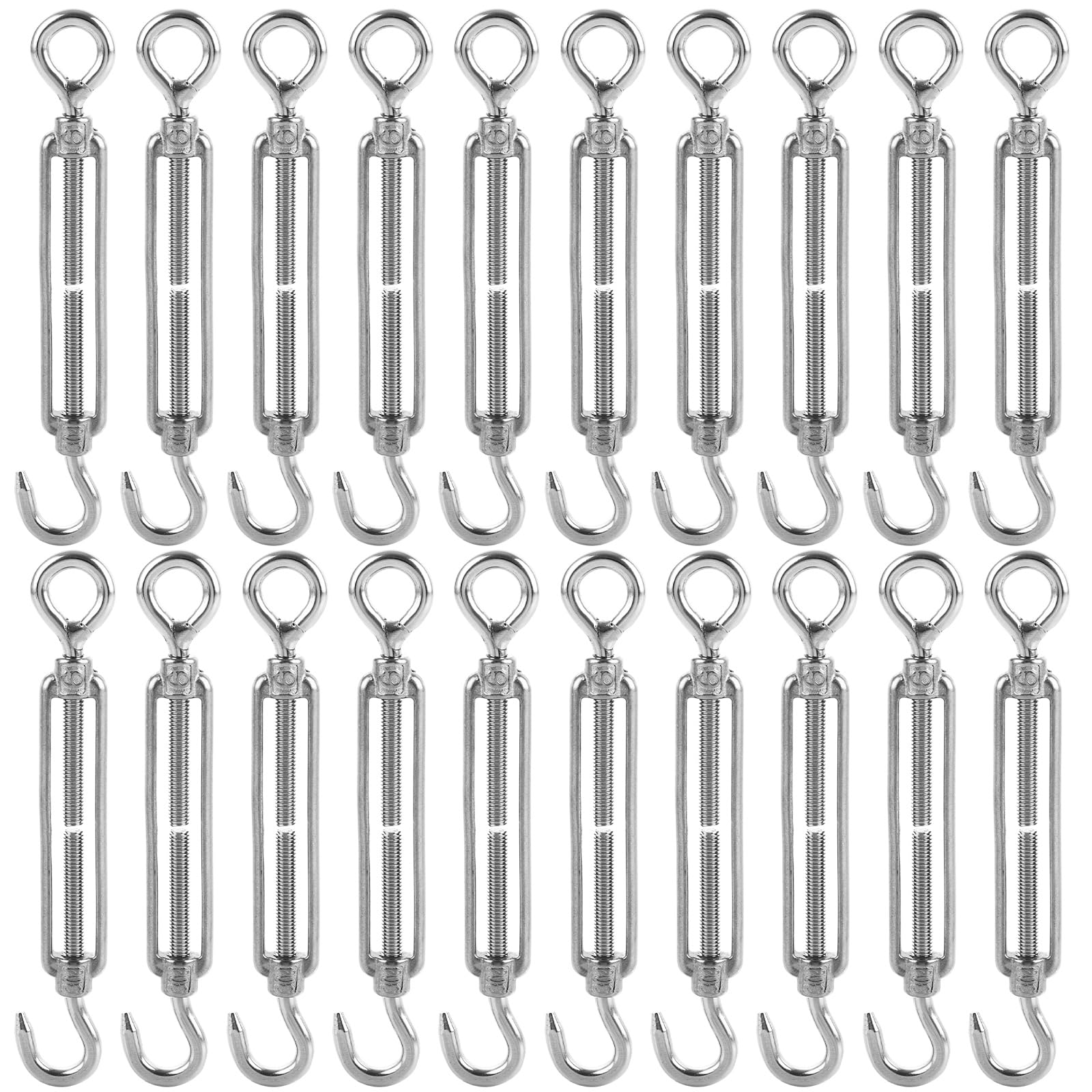 Tenditore M6 in acciaio inox 304 con gancio e occhiello, tenditore resistente, tenditore per funi metalliche, 20 pezzi