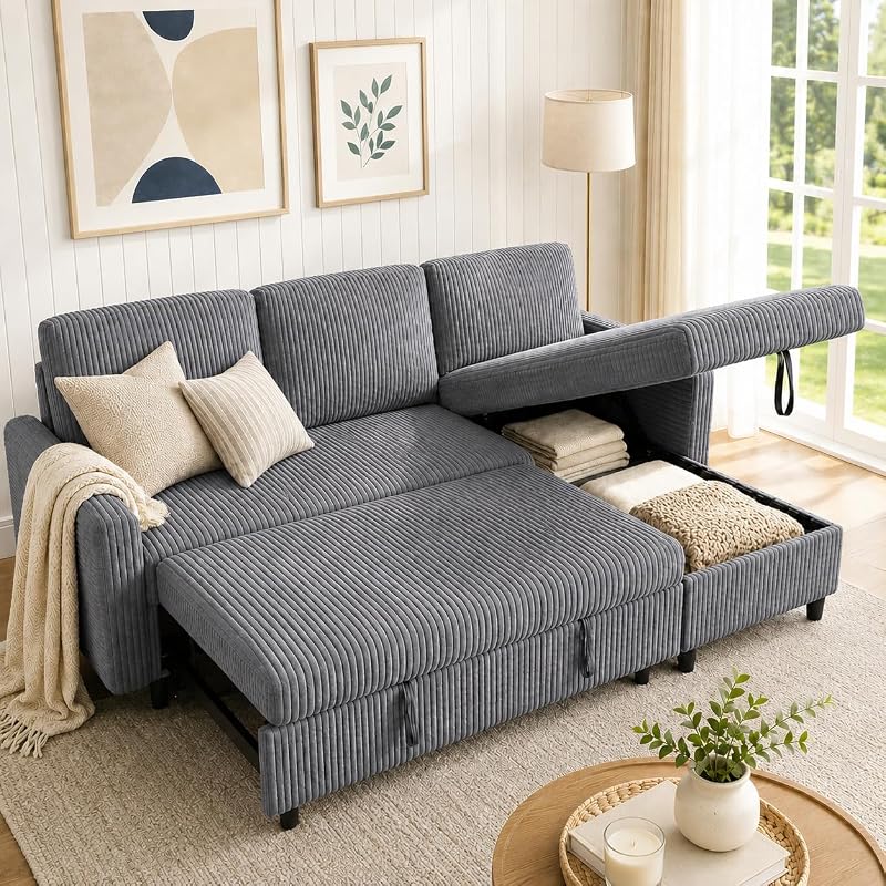 Walsunny 77 Inch Sectional Sleeper Sofa with Pull Out Bed, Modern L-Shaped Corduroy Convertible Couch with Storage Chaise, Reversible Sofa Bed for Small Spaces, Apartment, Black