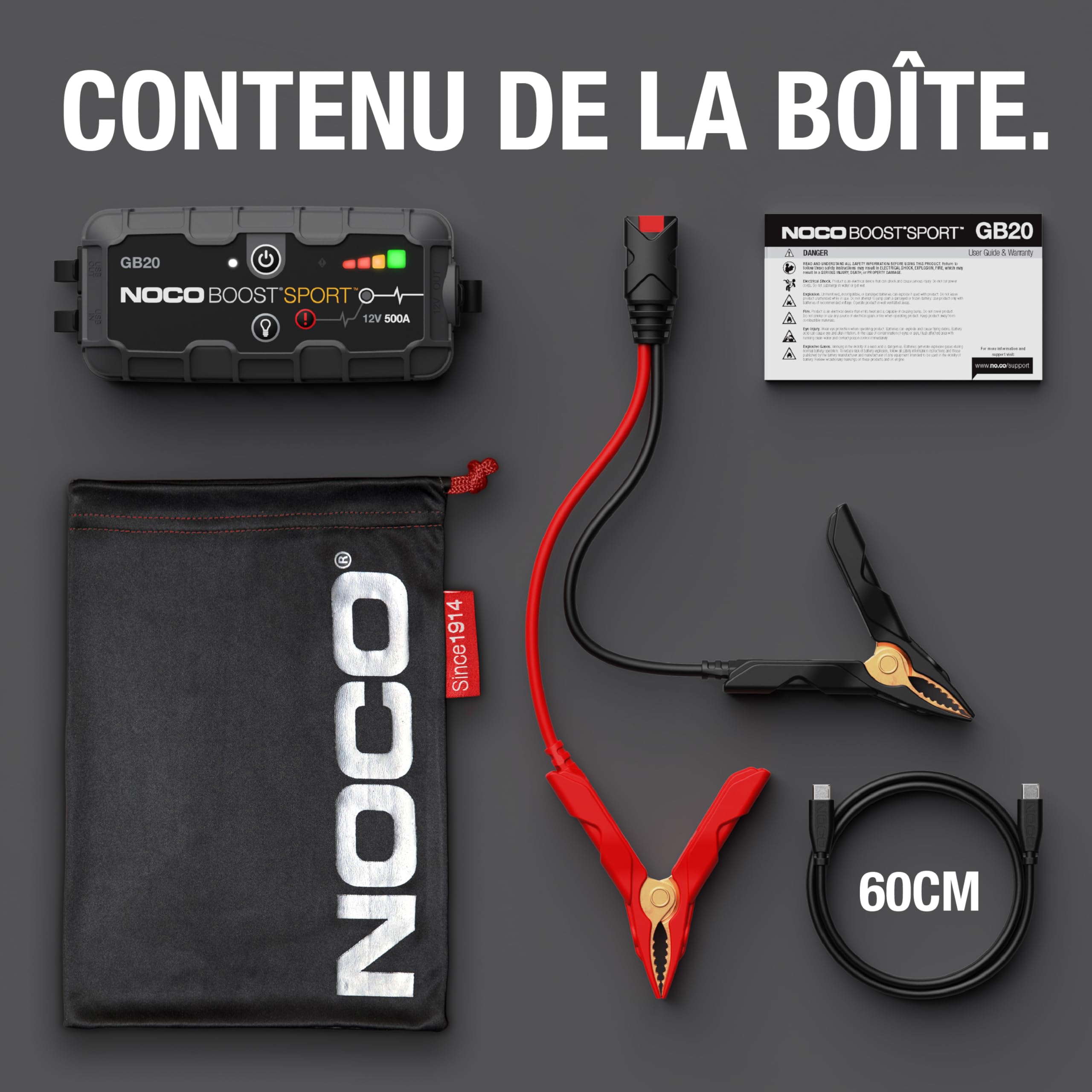 NOCO Boost GB20: Booster Batterie UltraSafe 500A – Démarreur Lithium 12V Portable avec Powerbank et Chargeur USB – pour Moteurs Essence 4,0L
