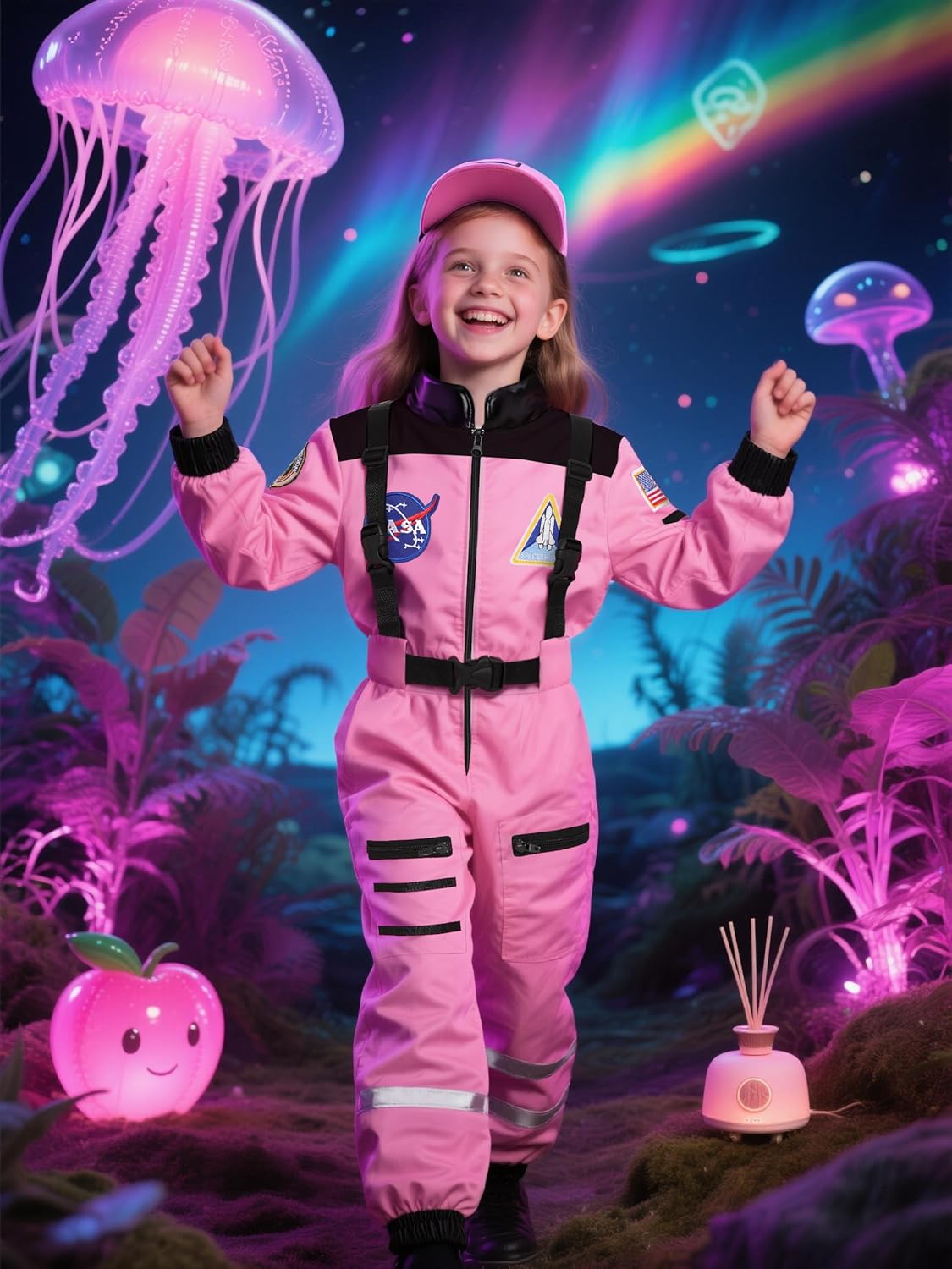 Astronaut Costume for Girls Space Outfit with Pink Hat for Space Pretend Halloween Party - Image 3