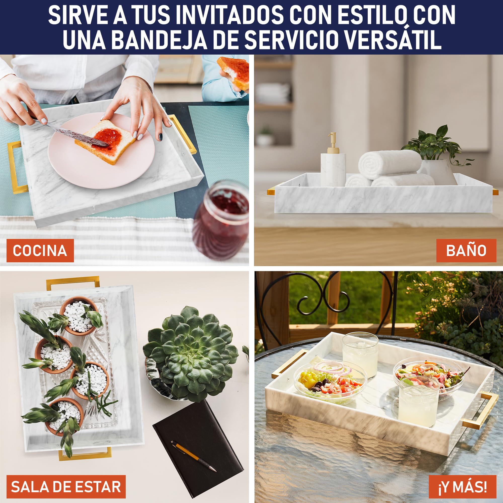 Bandeja para Servir de Acrílico con Asas Doradas, Bandejas Decorativas de 40,6 x 30,5 cm para Mesa de Café, Servidor de Bebidas a Prueba de Derrames, Cocina, Plato de Fiesta (Mármol)