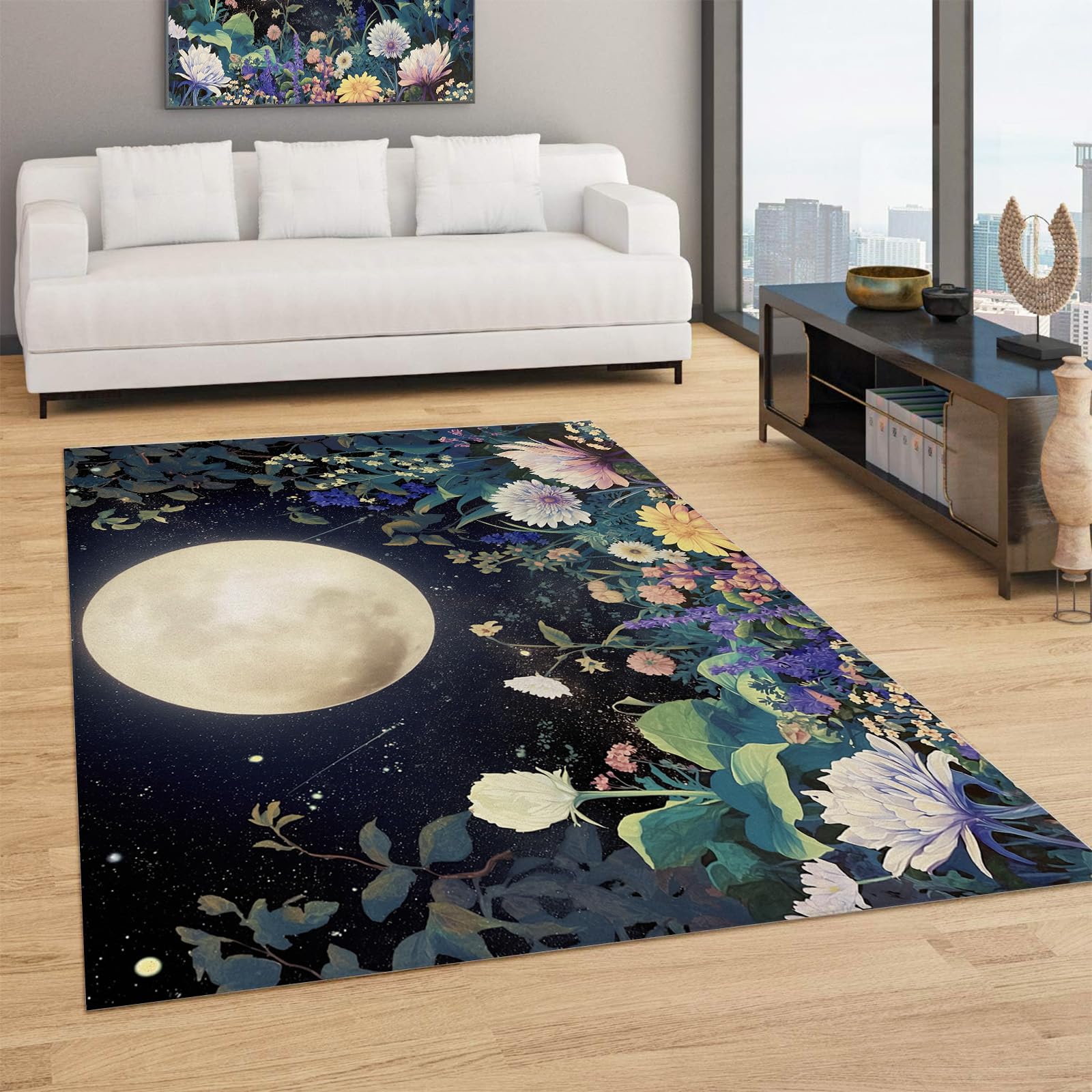 Tapis poils ras antidérapant lavable moderne fleurs et plantes grand tapis de salon 150 x 210