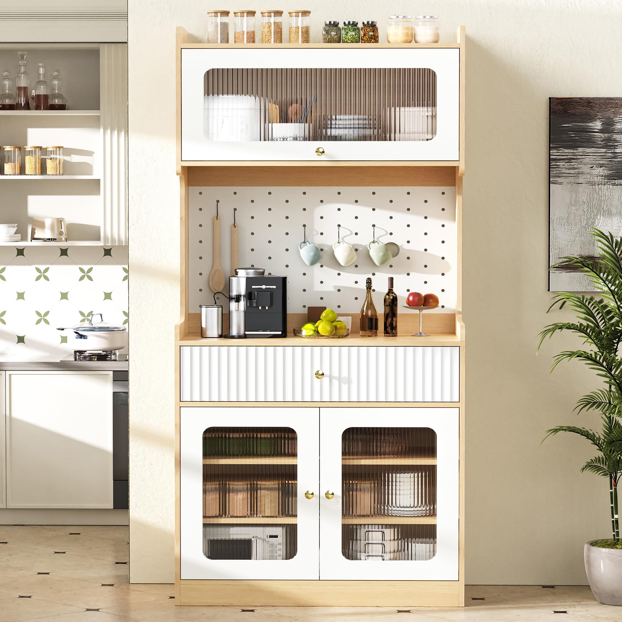 MURUL Highboard naturale/bianco, con LED, vetro scanalato, ripiani regolabili e cassetti, ideale per cucina, sala da pranzo e soggiorno