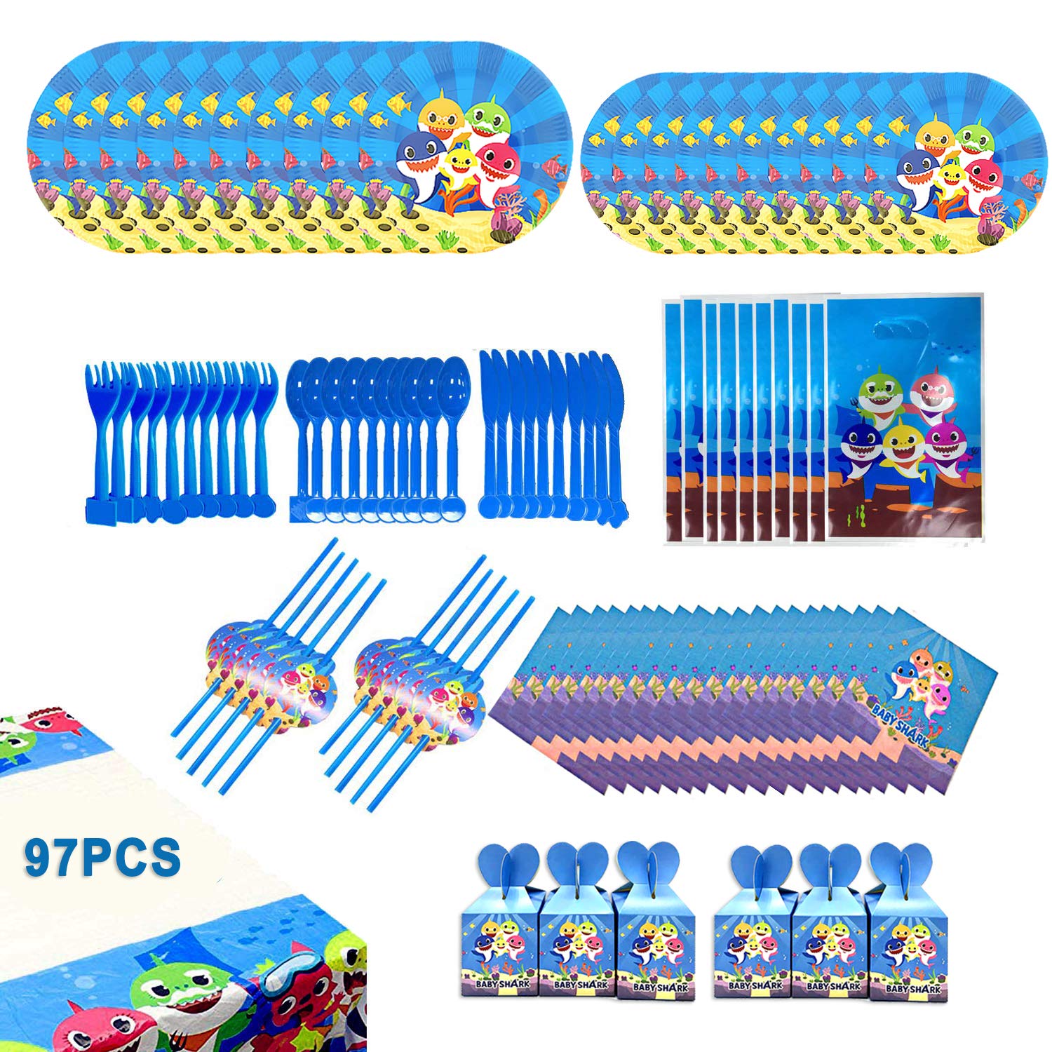 97 Pieces Baby Shark Party Supplies Kit with Tablecloth Tableware Gift Bags Napkins and Candy Boxes for Ocean Shark Theme Birthday Decorations - Serves 10 Guest by Ajworld (1)