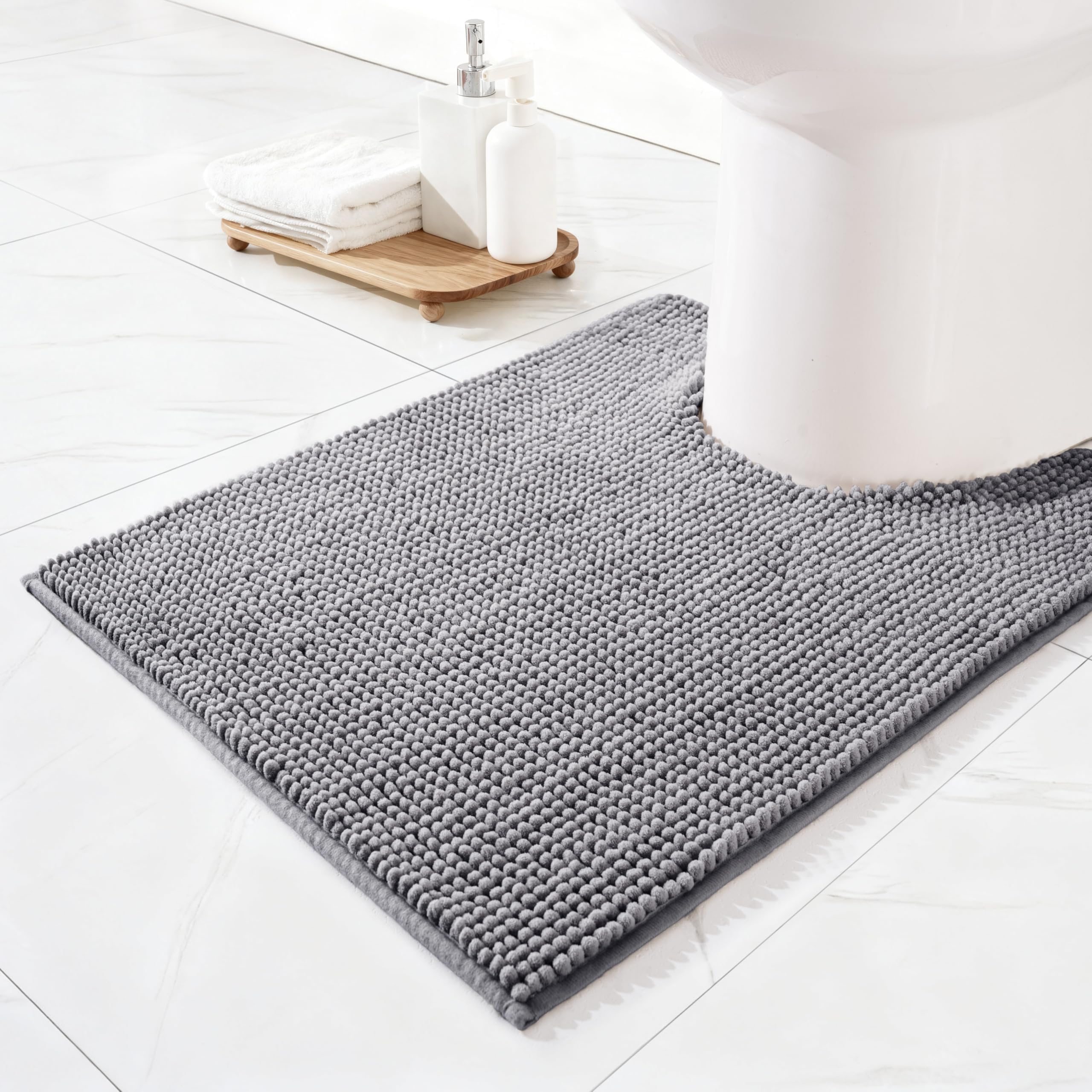 Exclusivo Mezcla Chenille Toilet Mat U-Shaped 50 x 60 cm, Extra Soft Non-Slip Absorbent Toilet Mat, Machine Washable Quick Dry Bath Rugs for Toilet Floor, Light Grey