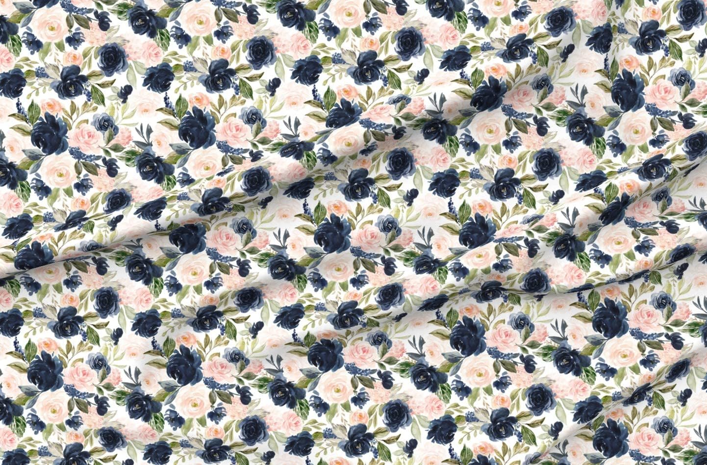 Spoonflower Fabric - Beach Blossoms White Flowers Floral Rose Navy Spring Roses Blush Printed on Satin Fabric Fat Quarter - Sewing Lining Apparel Fashion Blankets Decor